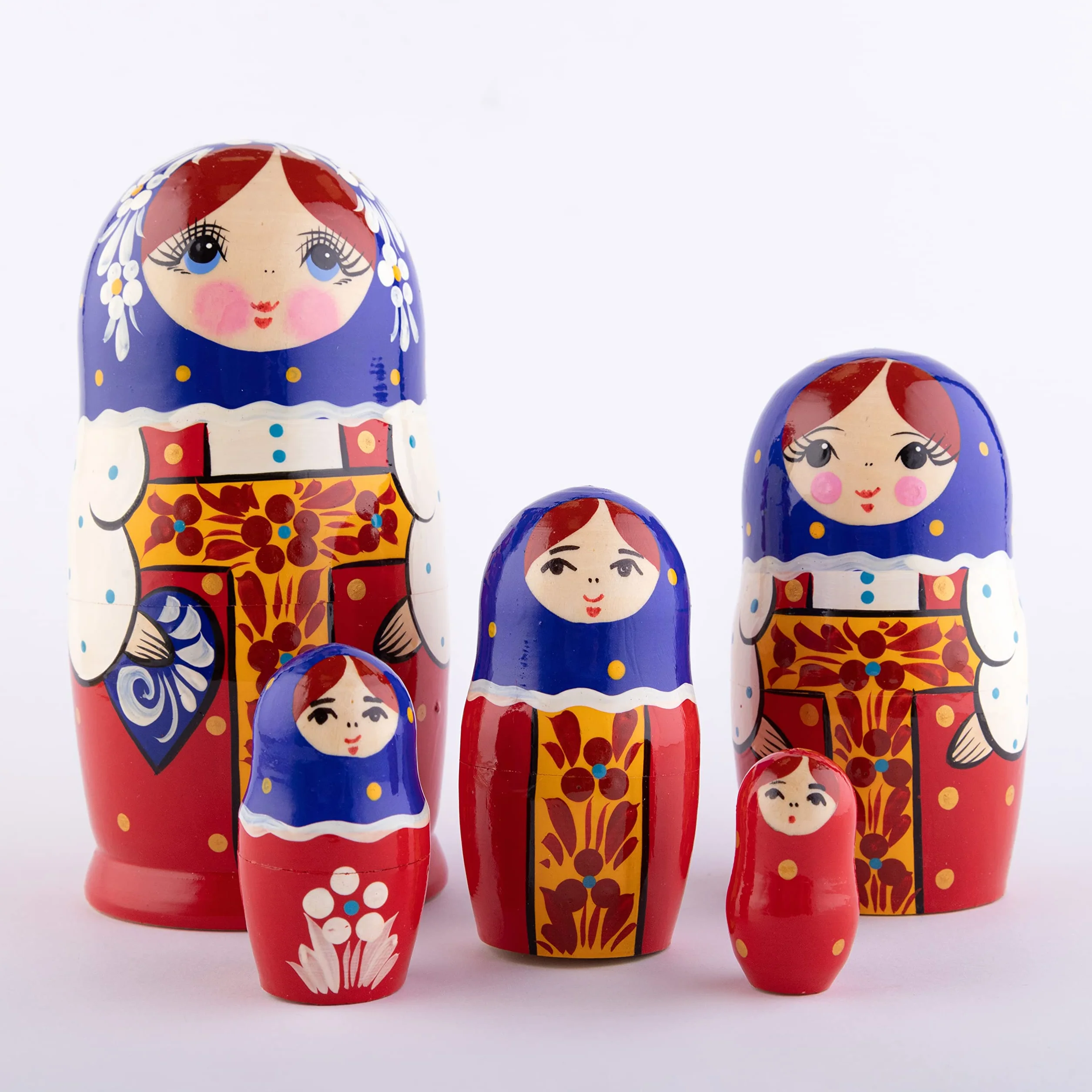 Heka Naturals Czerwony Sarafan Lalki Gniazdujące | Zestaw Lalek Matryoshka w Całości z Naturalnego Drewna 5 (18 cm) - Tradycyjne Dekoracje do Domu Babushka, Drewniane Zabawki do Układania w Stosy