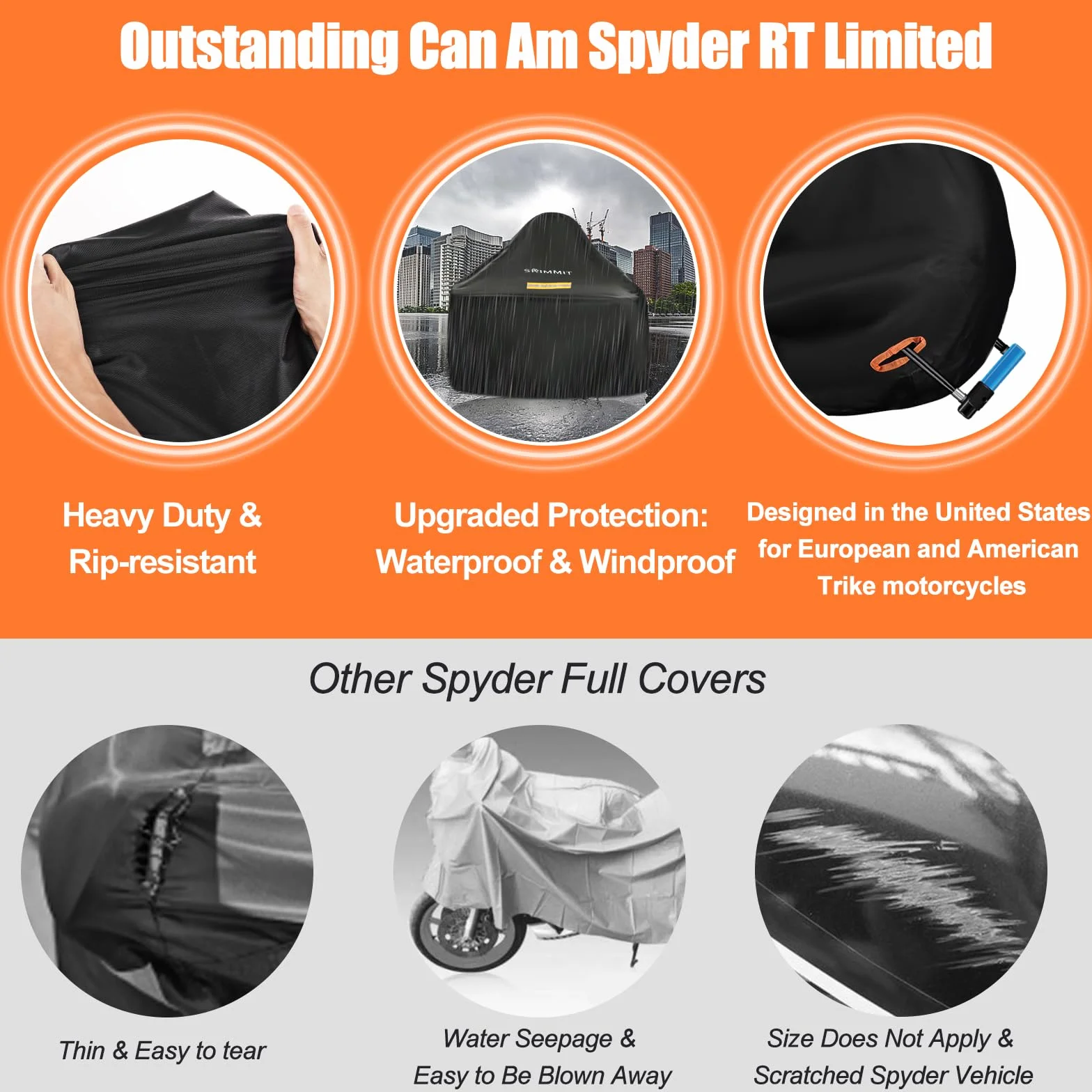 Can-Am Spyder Wodoodporna plandeka 420D Spyder Full Cover z 3 paskami odblaskowymi do Can-Am Spyder RT/F3 S/Limited, trzykołowy pokrowiec na motocykl, ochrona zewnętrzna