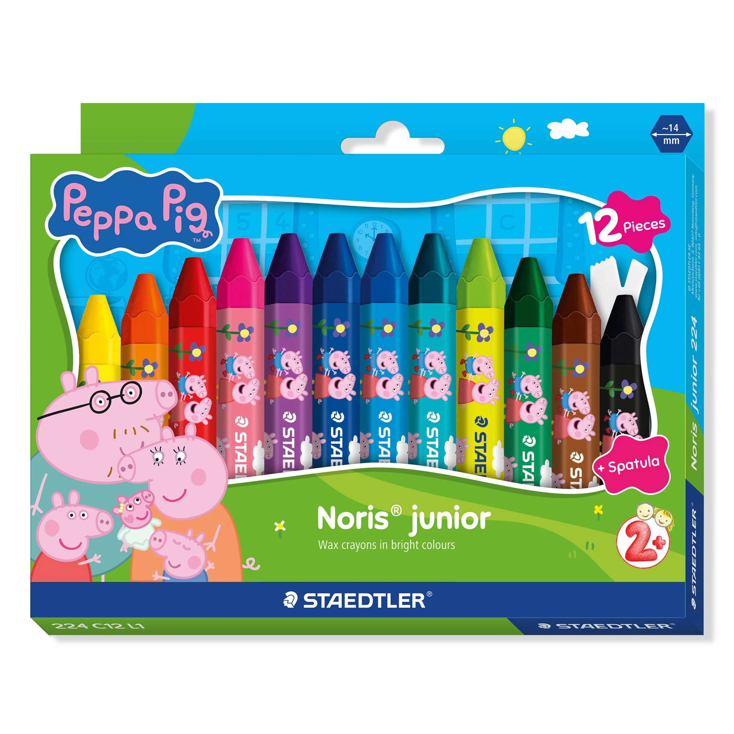 STAEDTLER Noris junior Peppa zestaw 12 kredek świecowych – grube kredki świecowe do kolorowania na dużych powierzchniach i kreatywnych technik malarskich – ergonomiczne kredki świecowe dla małych