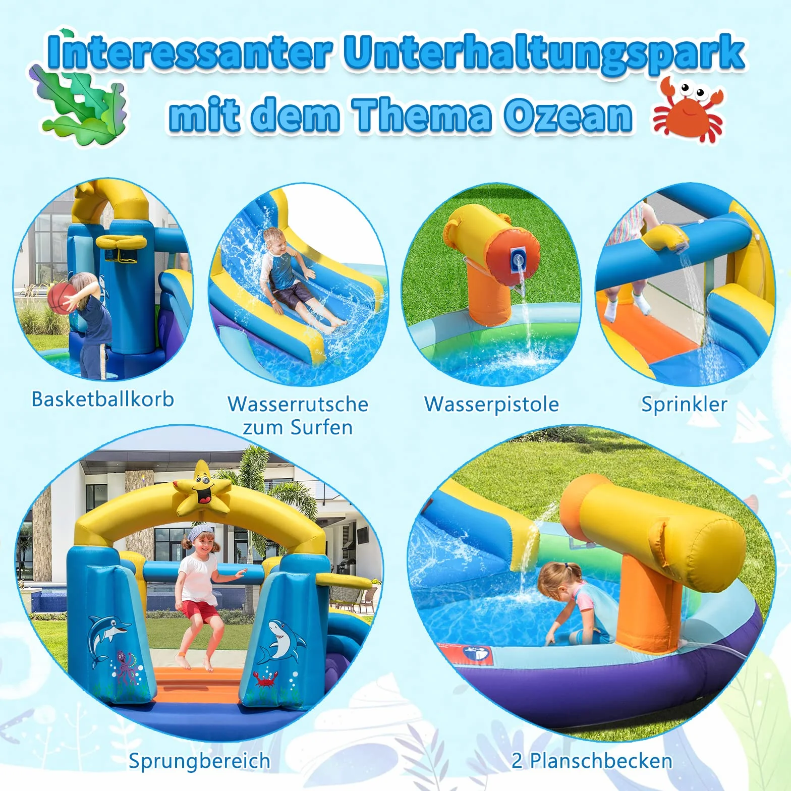 COSTWAY Dmuchany zamek z dmuchawą i zjeżdżalnią, park wodny z 2 basenami, armata, kosz do koszykówki, dla dzieci na podwórko, park, 490 x 290 x 220 cm