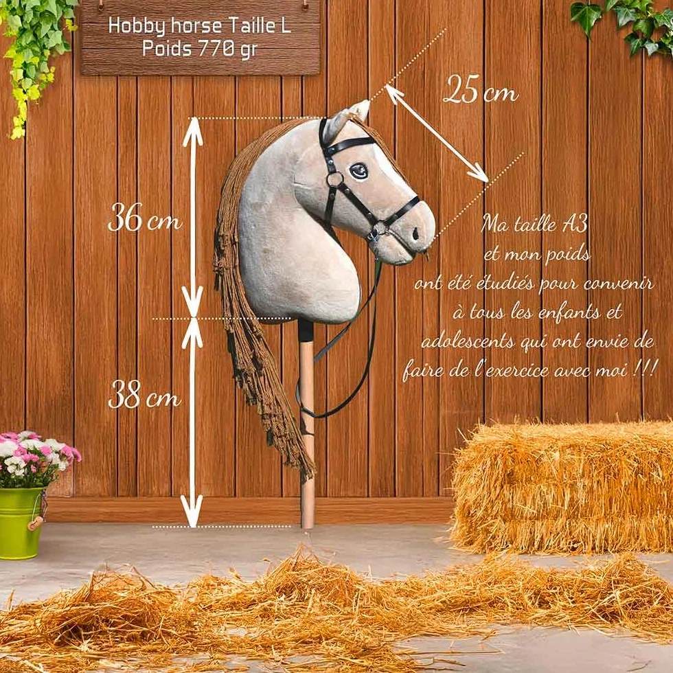 Hobby Horse Beige A3, kompletny kij koń z siatką, mors, lejce, kantar i czarno-biała czapka przeciw owadom. kij do hobby koni dla dzieci i młodzieży