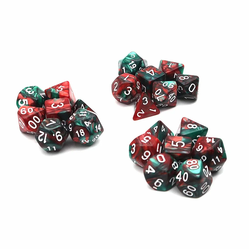 DollaTek Polyhedral Dice zestaw do gry sto?owej, 3 zestawy kostek, 3 x 7 (21 sztuk), seria D20, D12, D10, D8, D6, D4, DND, kostka, DND, RPG, MTG, dwucz??ciowa (czerwona i zielona)