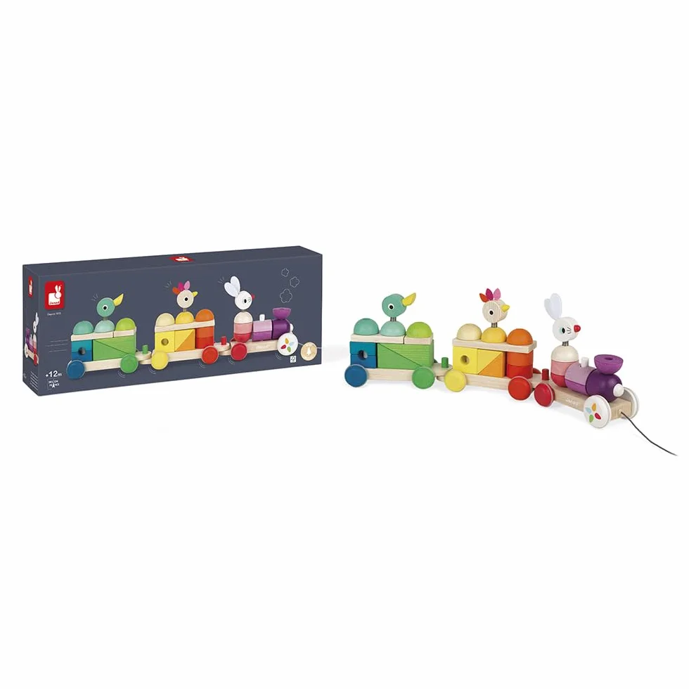 Janod - Zigolos Giant Multicoloured Wooden Train - 2-In-1 Early Learning Pull-Along Toy - Motor Skills Training - Water-Based Paint - Fsc Certified - from 1 Year Old, J08202