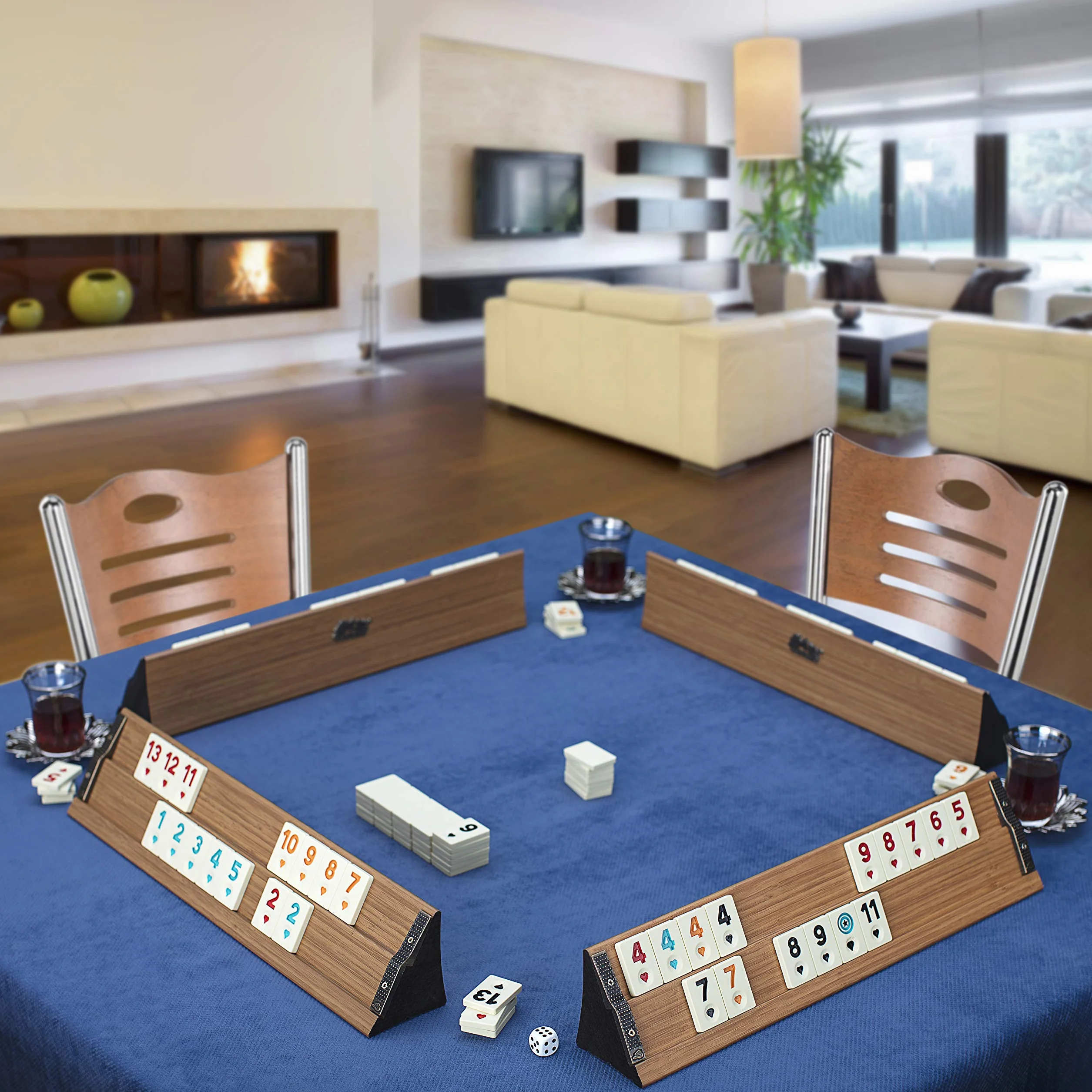 Zestaw premium Okey/Rummy – lite drewno, melamina kamienie do zabawy, wyściełana torba do przenoszenia, długopis, 104 kamienie + 2 jokery + kostki (jasne)