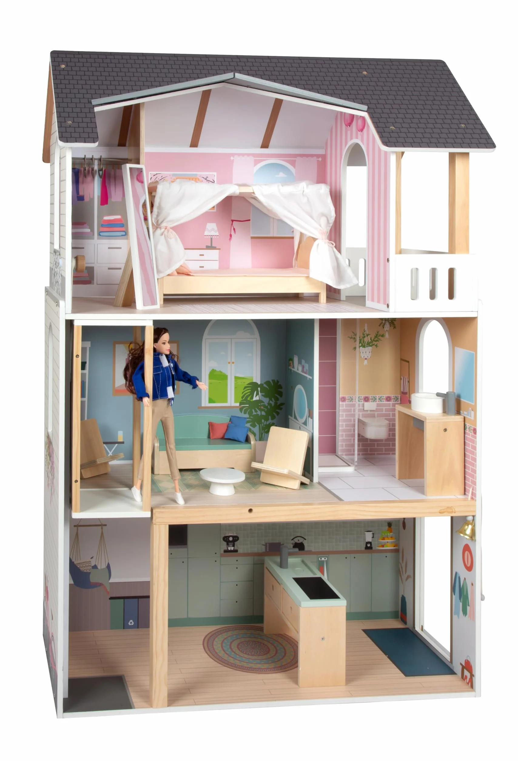Mały domek dla lalek Villa XL, 3-piętrowy domek dla lalek z windą, dla lalek do 30 cm, skala 1:6, imitacja drewna, 12730