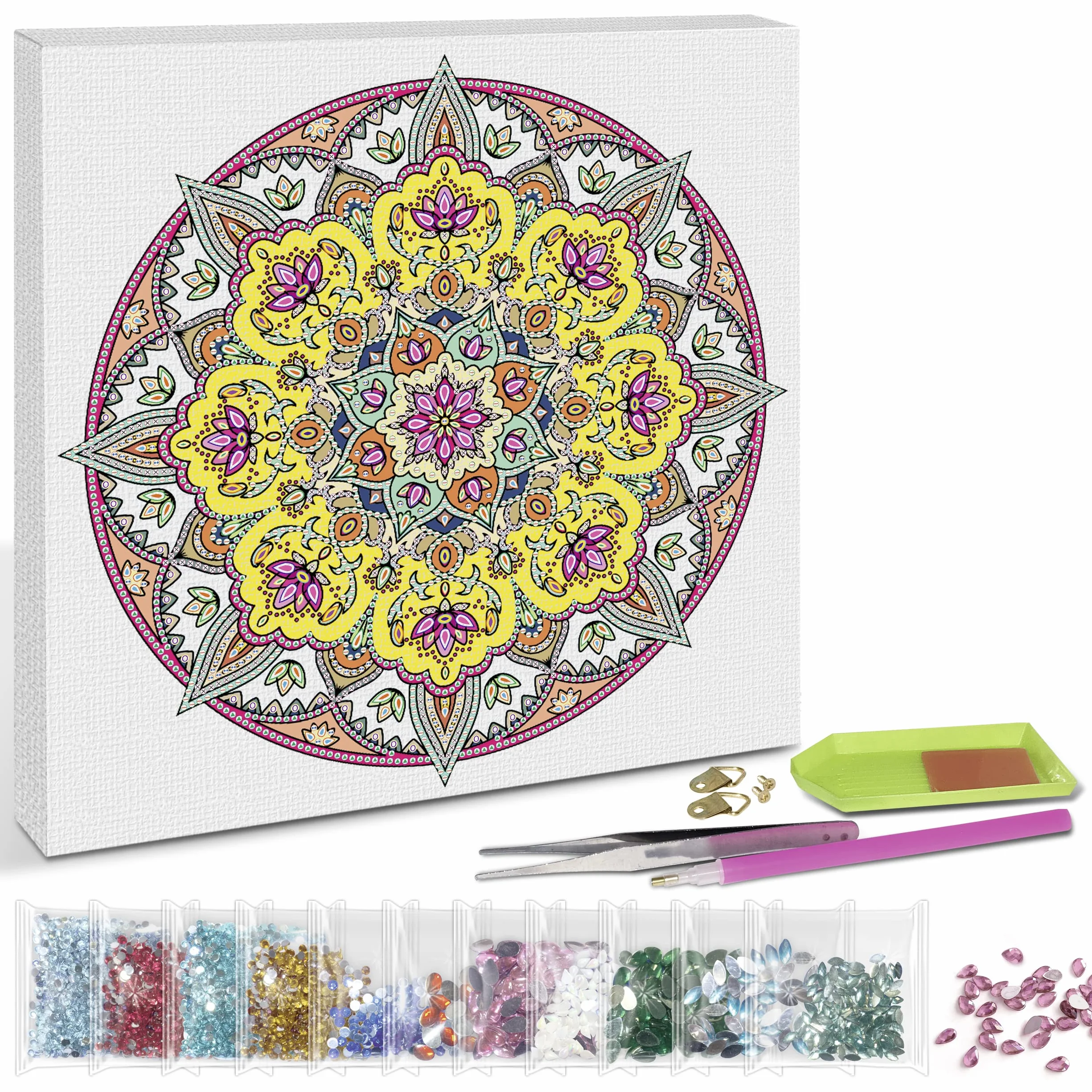 Ursus 43520003F Zestaw 3 diamentowych obrazów, mandala, zestaw do majsterkowania z kamyczkami w kolorze żółtym, białym i czerwonym, 1 płótno 30 x 30 x 1,5 cm