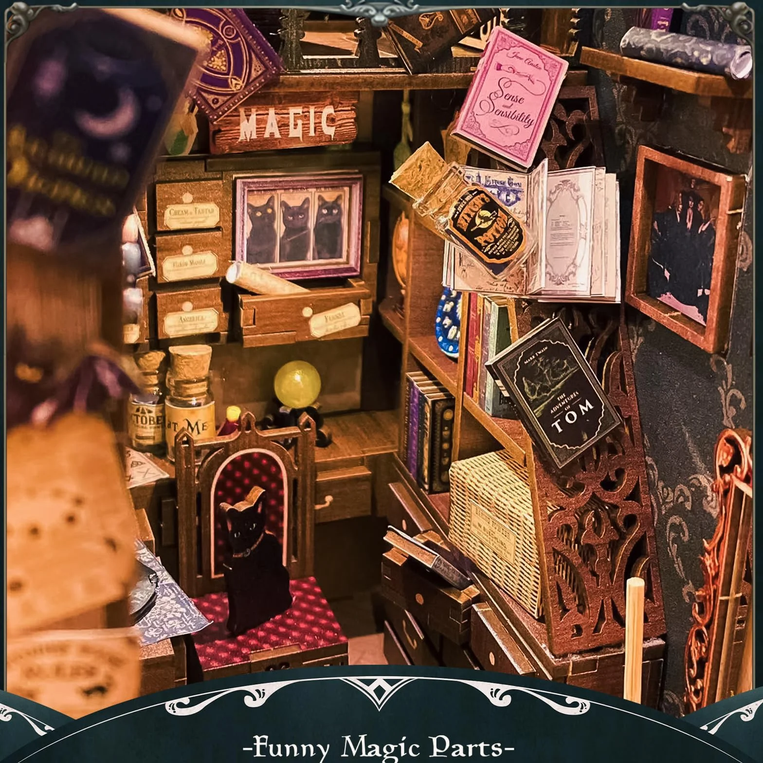 Fsolis Book Nook DIY, miniaturowy domek dla lalek, zestaw z drewnianymi meblami i oświetleniem LED, narożnik na książki, zestaw do budowy dla dorosłych, kreatywny prezenti(Magic Pharmacist)