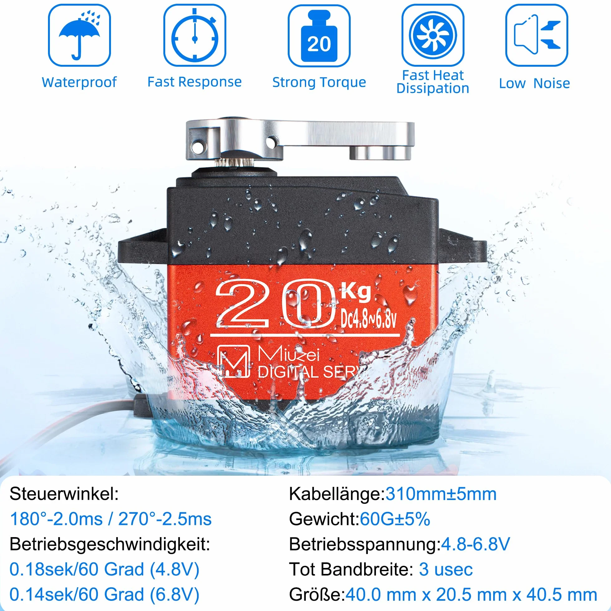 Miuzei Serwo sterujące Rc Digital Servo 20 kg, 270°, wodoszczelne, z metalową przekładnią, do samochodu, 1/10, 1/8, 1/12, modeli zabawek, samolotów, robotów, łopatek tary, samochodu, łodzi (3 sztuki)
