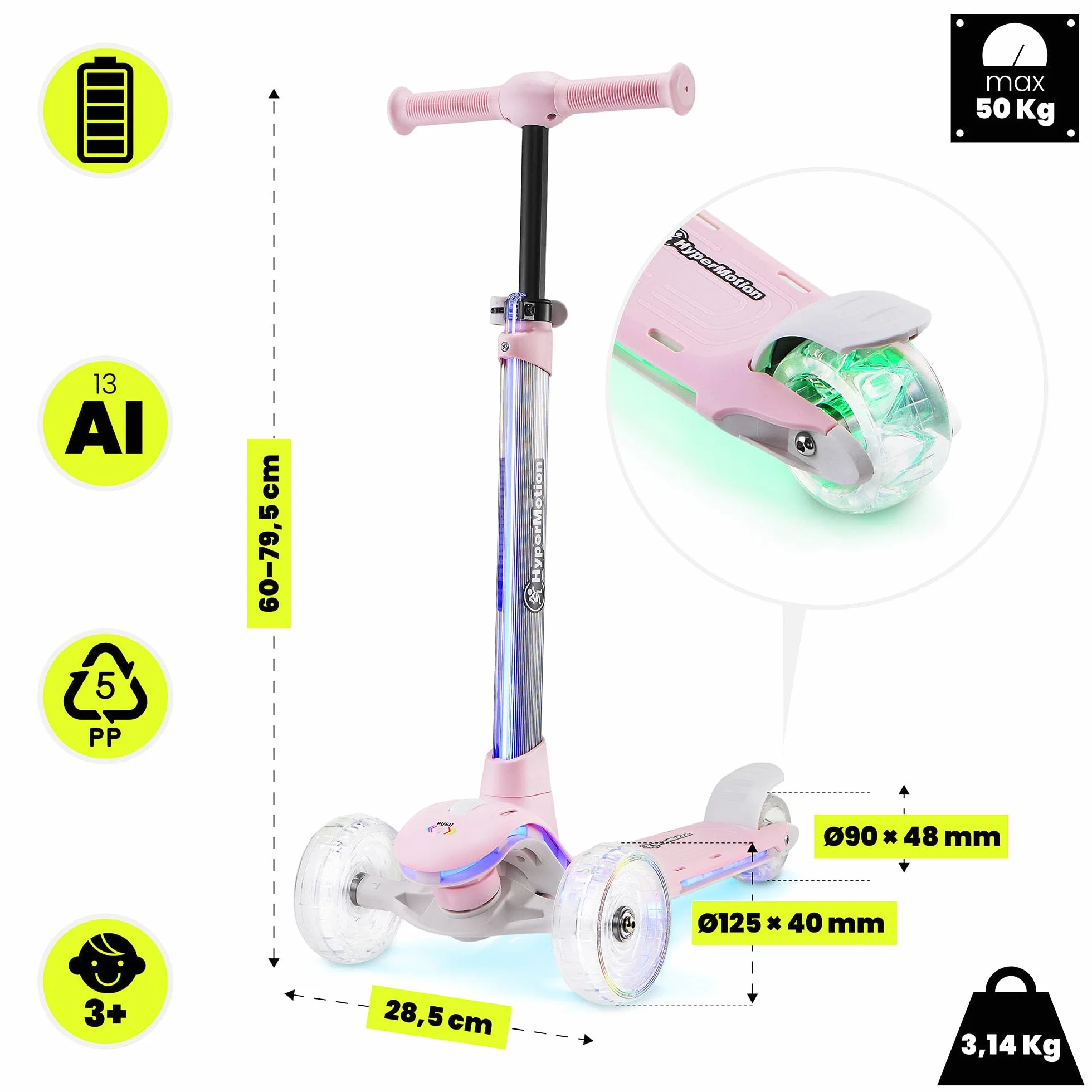 HyperMotion BECKY Hulajnoga Trójkołowa 3–8 lat z LED RGB Podświetleniem Regulowana Kierownica