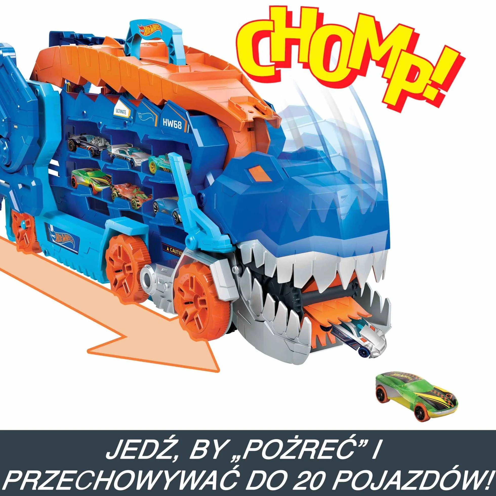 Hot Wheels City Toy Car Track Set, Ultimate T-Rex Transporter, Hauler Transforms into Stomping Dino with Race Track, From Netflix Series “Let’s Race”, HNG50