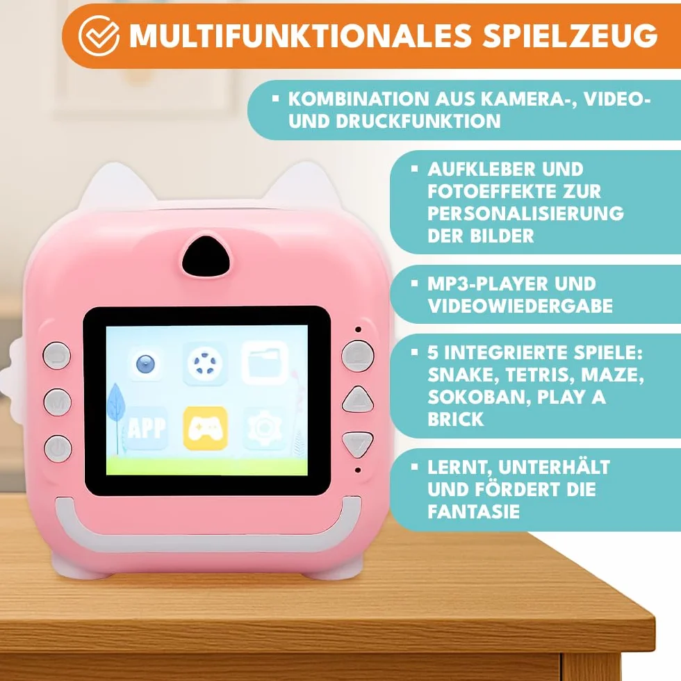 KRUMAD Mini kamera natychmiastowa z drukarką do zdjęć, fotodrukarka dla dzieci i nastolatków, aparat z Bluetooth, grami, nagrywaniem wideo i naklejkami