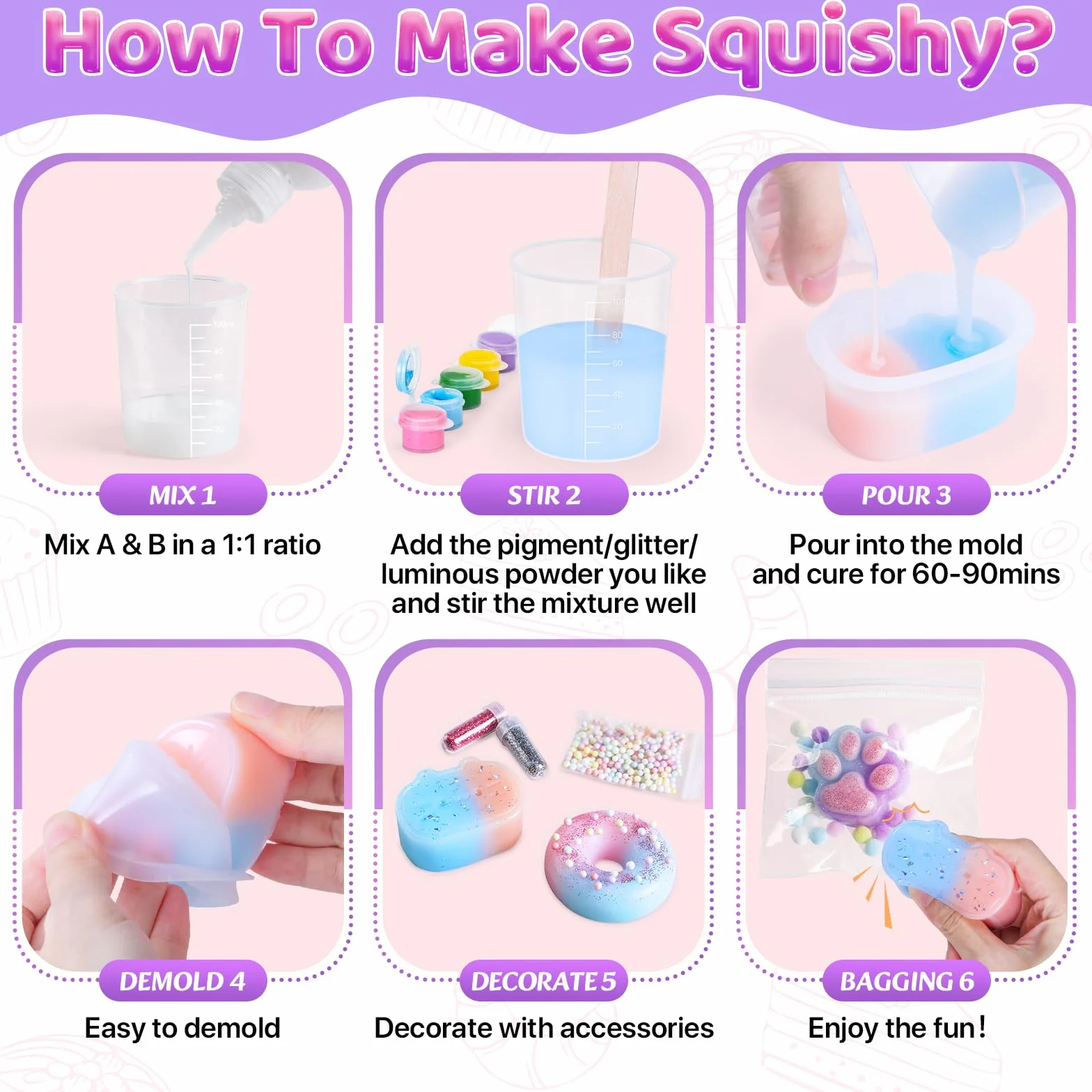 Highttoy Zestaw do tworzenia świecących w ciemności zabawek Squishy, 480ml płynnego silikonu AB o proporcjach mieszania 1:1, 6 opakowań zabawek Squishy z gumy silikonowej