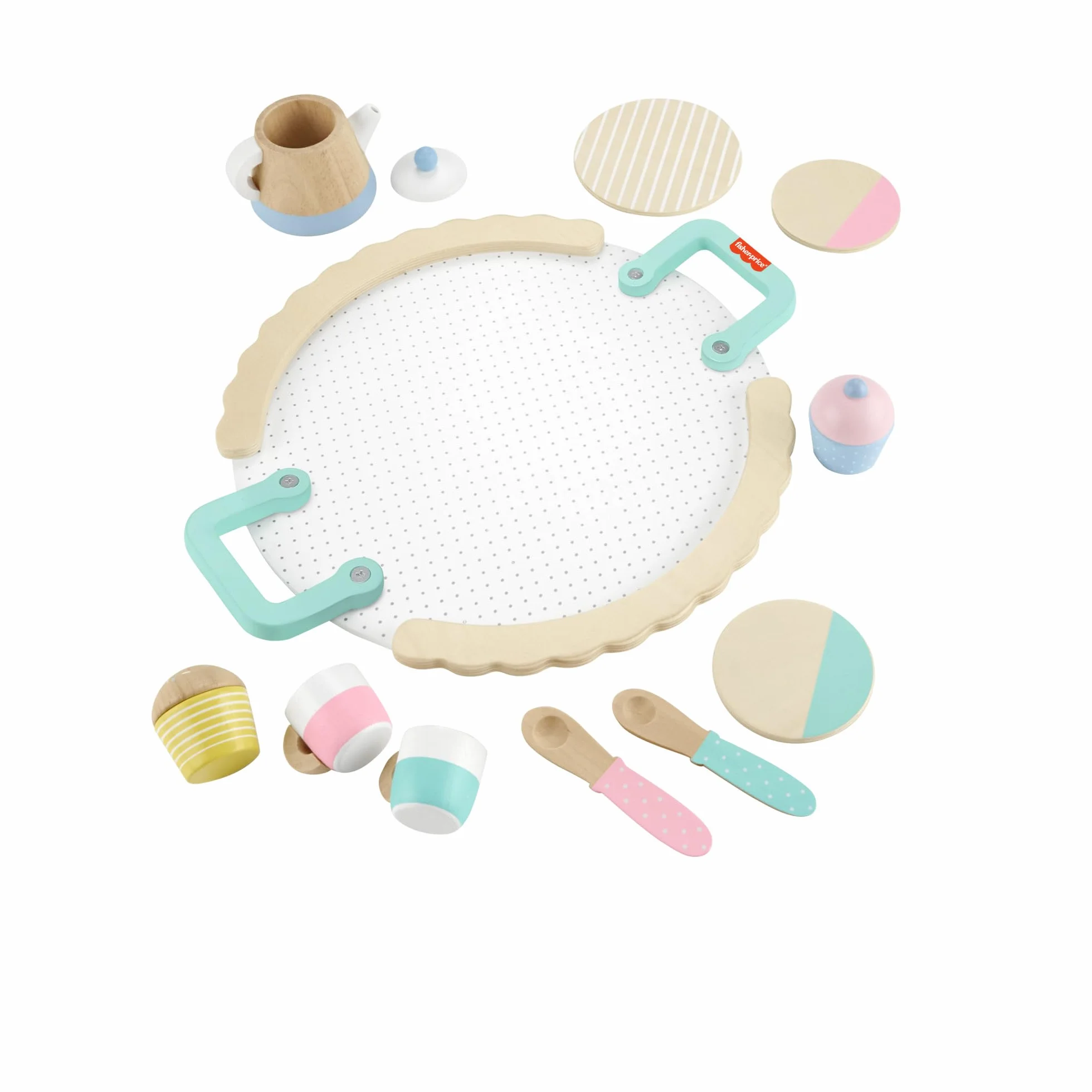 Fisher-Price Czas na podwieczorek Zestaw drewnianych zabawek 12 elementów do zabawy w naśladowanie dla dzieci od 3 roku życia, HXT82