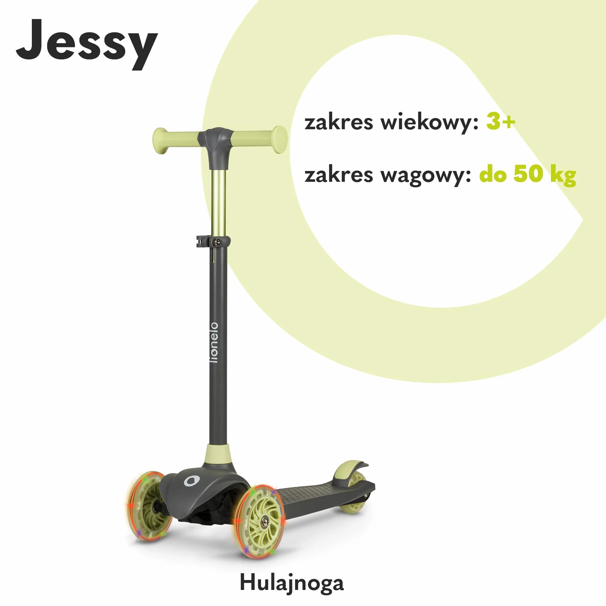 LIONELO JESSY Hulajnoga Balansowa dla Dzieci od 3 roku życia do 50 kg, Lekka Trójkołowa Hulajnoga Dziecięca z Regulacją Wysokości, Koła LED, Antypoślizgowy Podest