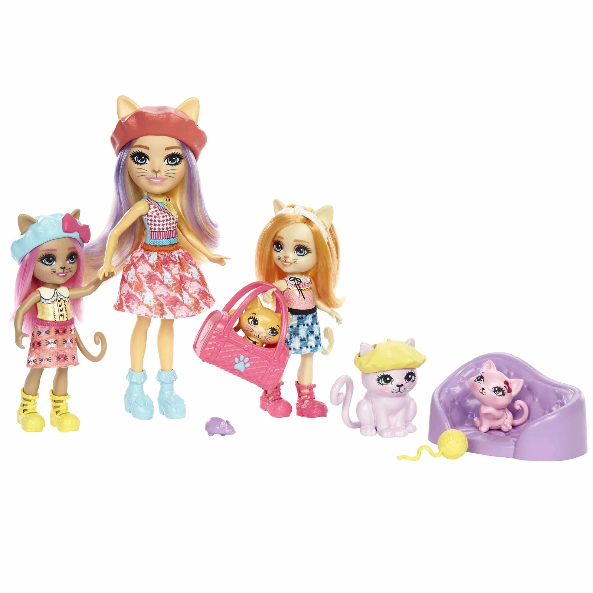 Enchantimals Carmel Cat Rodzinka kotków Zestaw do zabawy z 3 lalkami, 3 figurkami kotków, ponad 10 elementów, prezent dla dzieci od 4 roku życia, HHC11