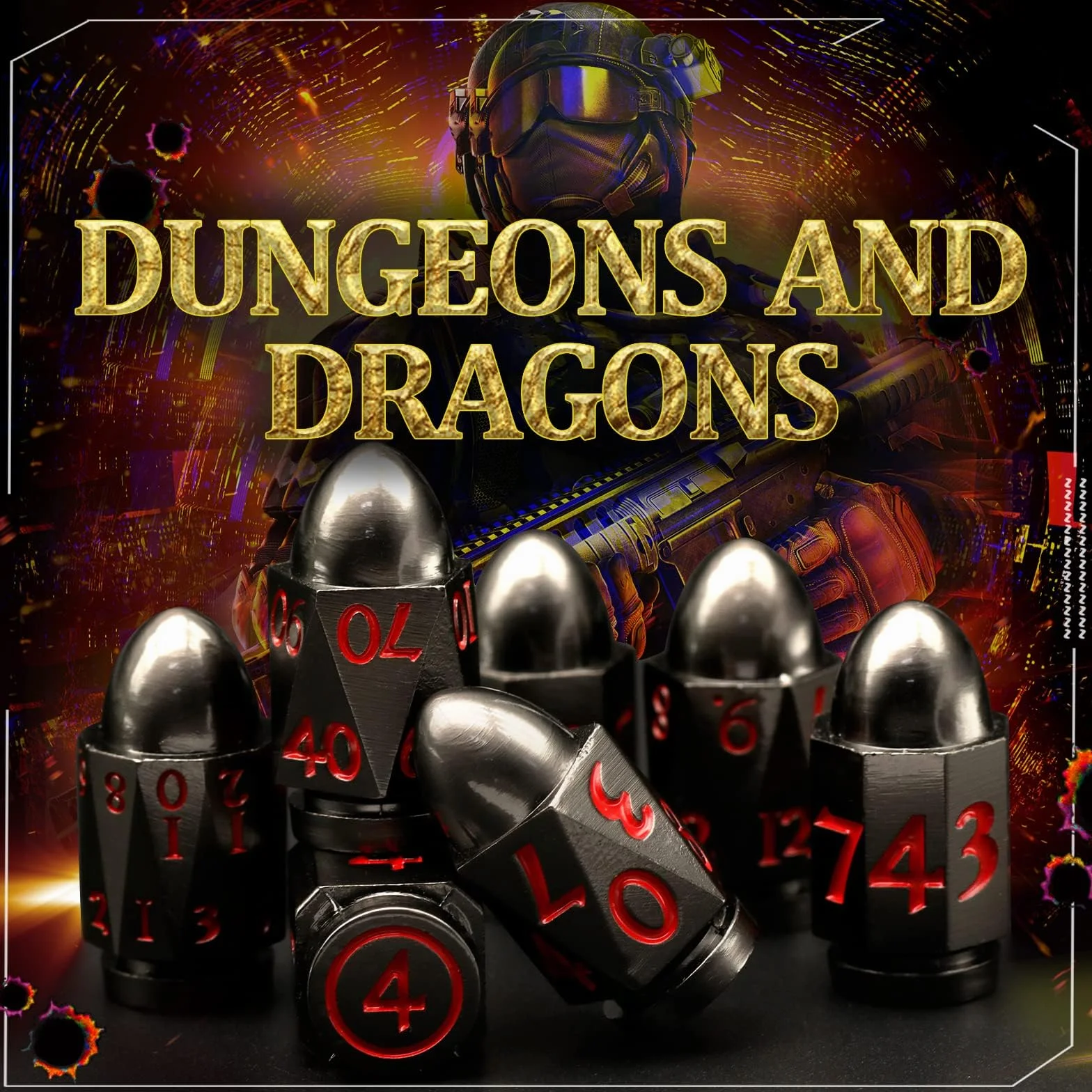 Zestaw kości DND Dungeons and Dragons, ZHOORQI Bullet Metal Dice, wielościenne kości do gier RPG D&D(7Bullet - Black Red)
