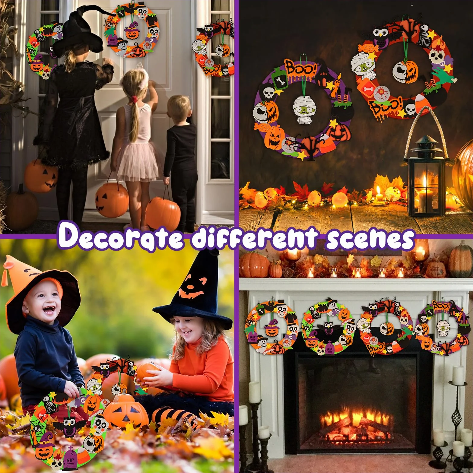 Benjia Wieniec na Halloween, zestaw rzemieślniczy dla dzieci, DIY, filcowy wieniec, ozdoby na Halloween, z bandażem, zombie, sową, dynią z horrorem, do aktywności imprezowych, 4 szt. (2501)