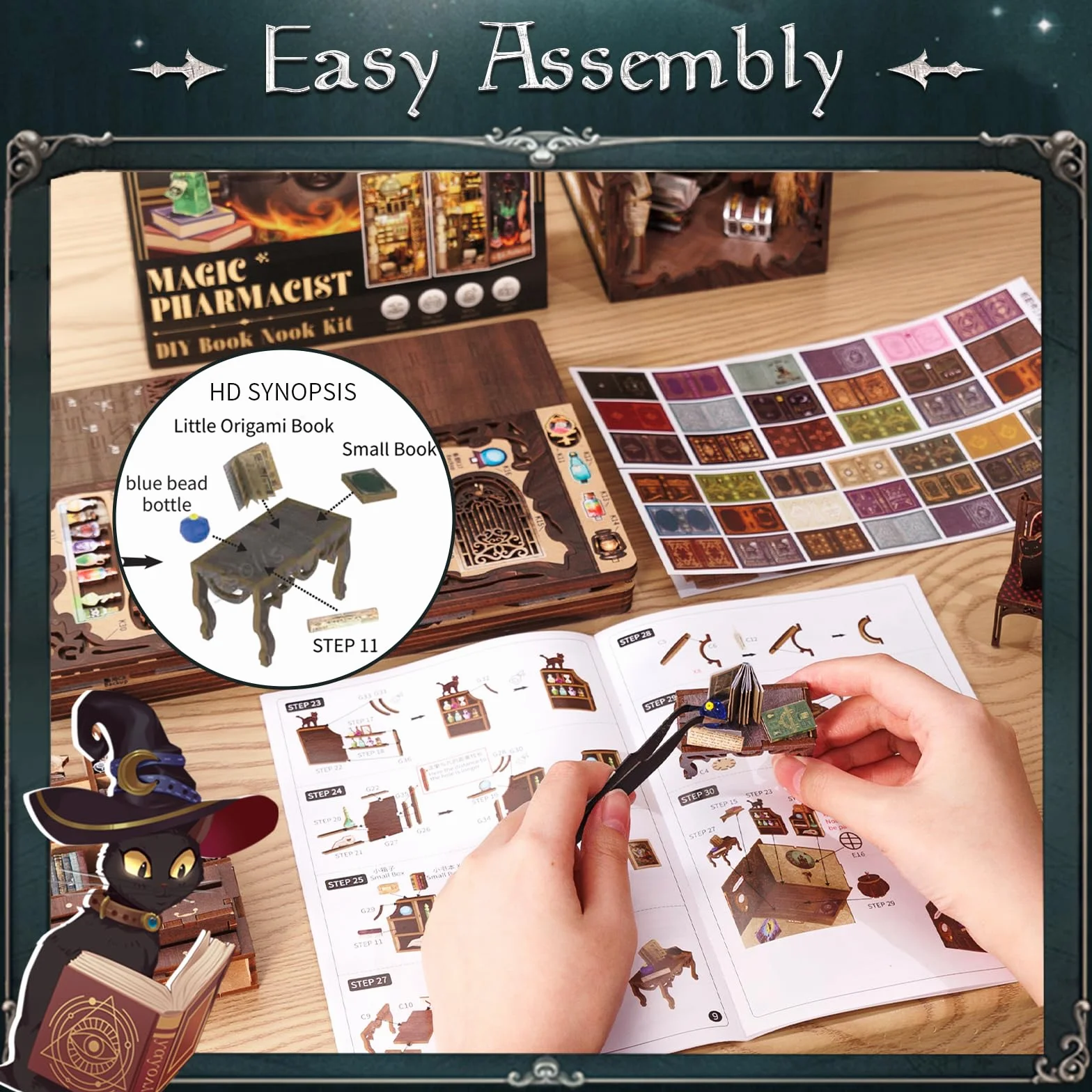 Fsolis Book Nook DIY, miniaturowy domek dla lalek, zestaw z drewnianymi meblami i oświetleniem LED, narożnik na książki, zestaw do budowy dla dorosłych, kreatywny prezenti(Magic Pharmacist)