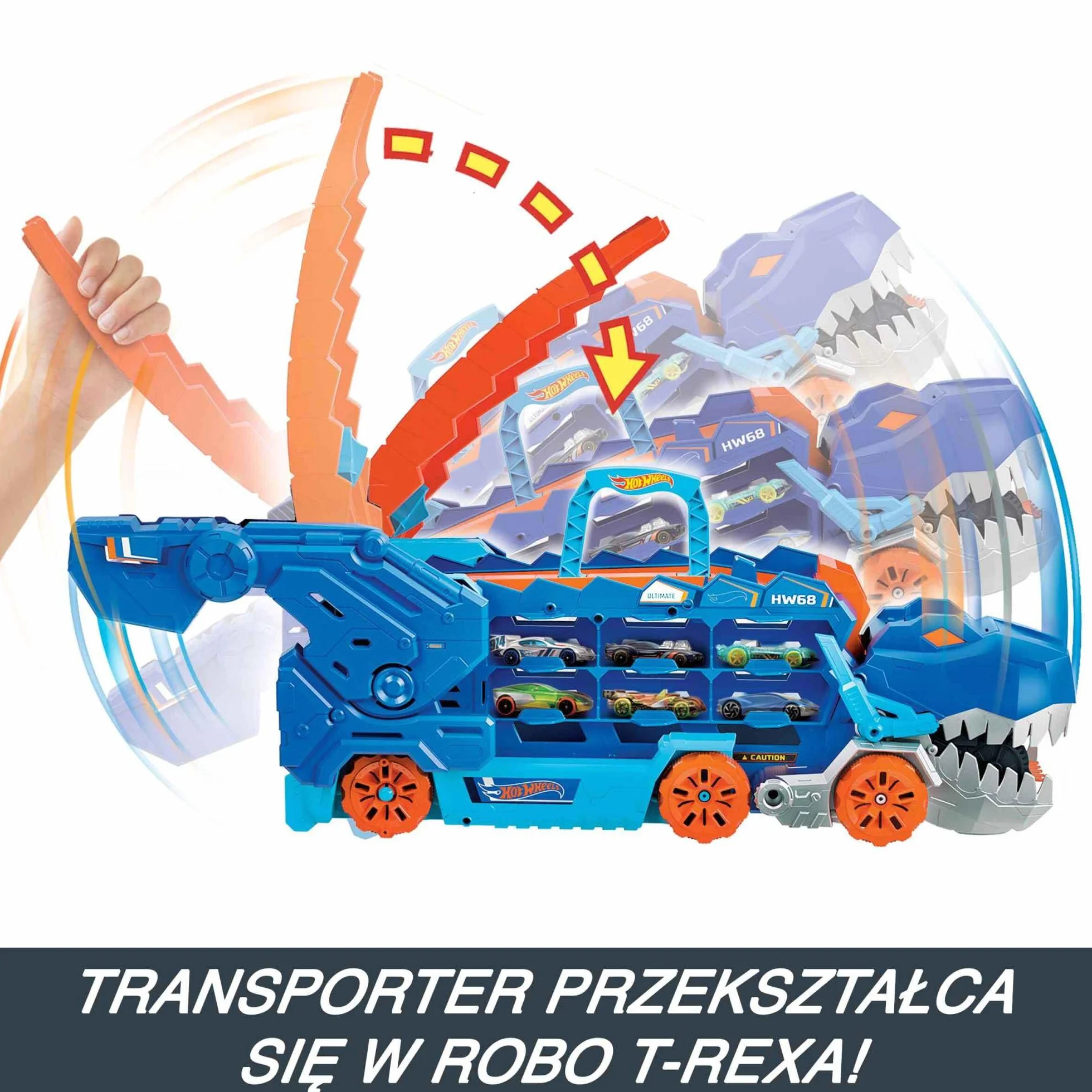 Hot Wheels City Toy Car Track Set, Ultimate T-Rex Transporter, Hauler Transforms into Stomping Dino with Race Track, From Netflix Series “Let’s Race”, HNG50