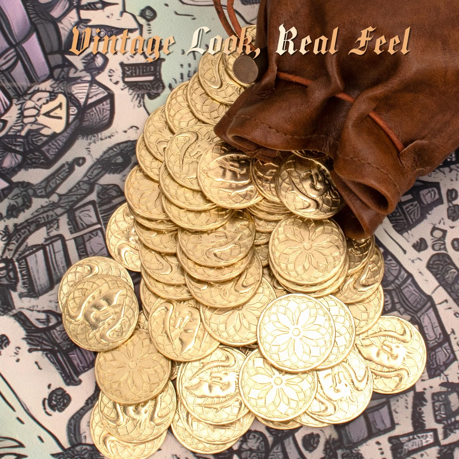 50 sztuk złotych monet i torba ze skóry PU, metalowe monety DND, moneta fantasy do gier planszowych, fałszywe monety do lochów i smoków, gry RPG Średniowieczne akcesoria retro