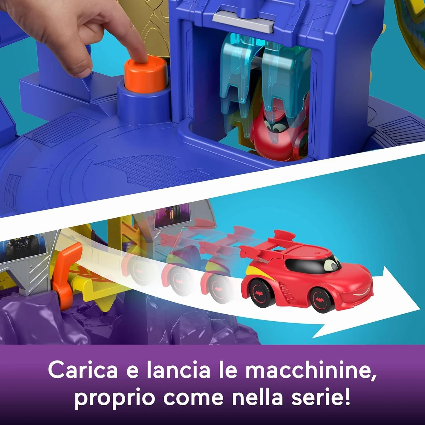 Fisher-Price DC Batwheels Batcaverna Lancia & Strzałka, zestaw startowy inspirowany Batcaverna, 3 plany, światła i dźwięk, w zestawie 2 samochody zabawkowe, zabawki dla dzieci w wieku 3+ lat, HYR74