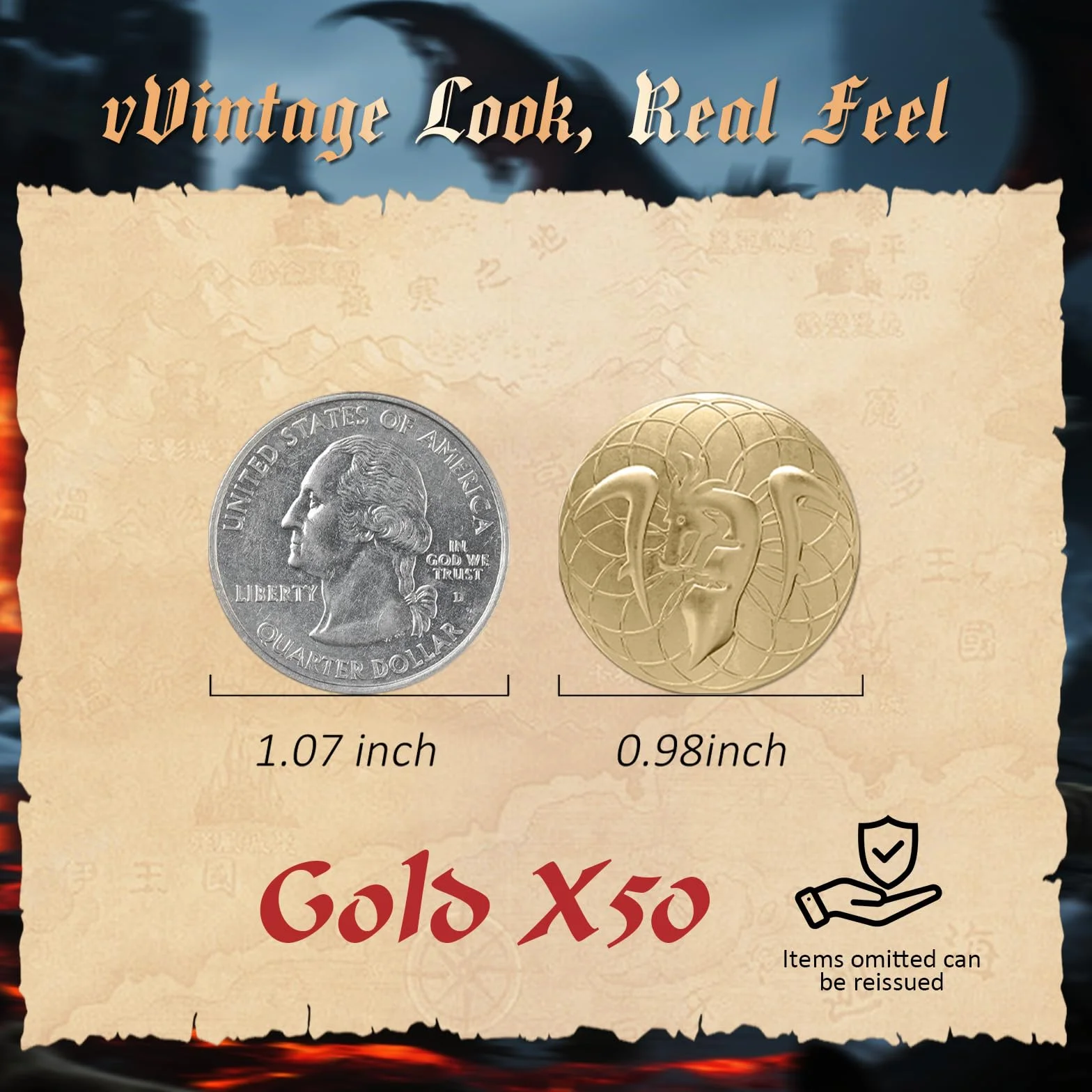 50 sztuk złotych monet i torba ze skóry PU, metalowe monety DND, moneta fantasy do gier planszowych, fałszywe monety do lochów i smoków, gry RPG Średniowieczne akcesoria retro