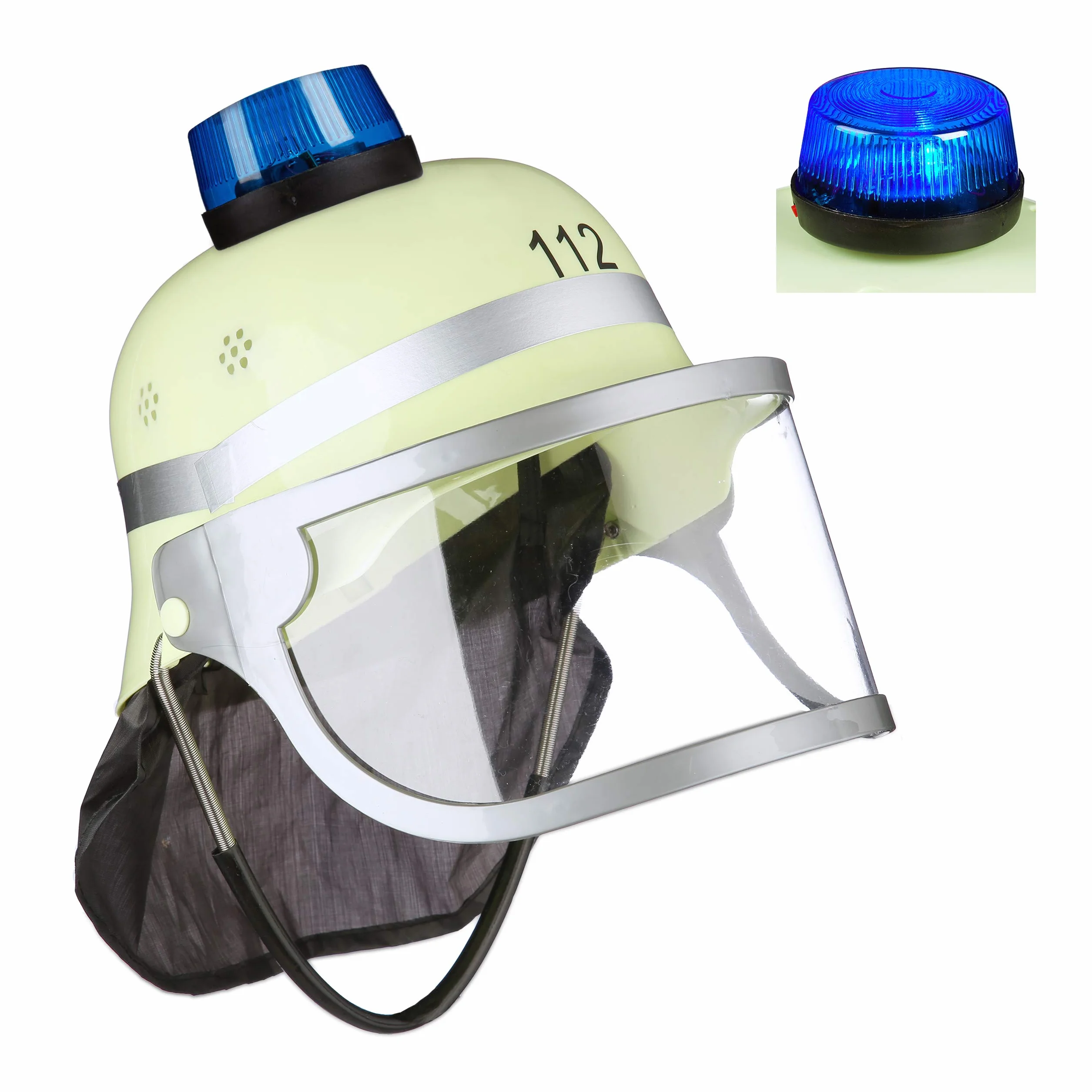 Relaxdays 10029923 Kask strażacki dla dzieci, z niebieskim światłem, wizjer, chusta na kark i pasek pod brodę, regulowany, kask strażaka, żółty
