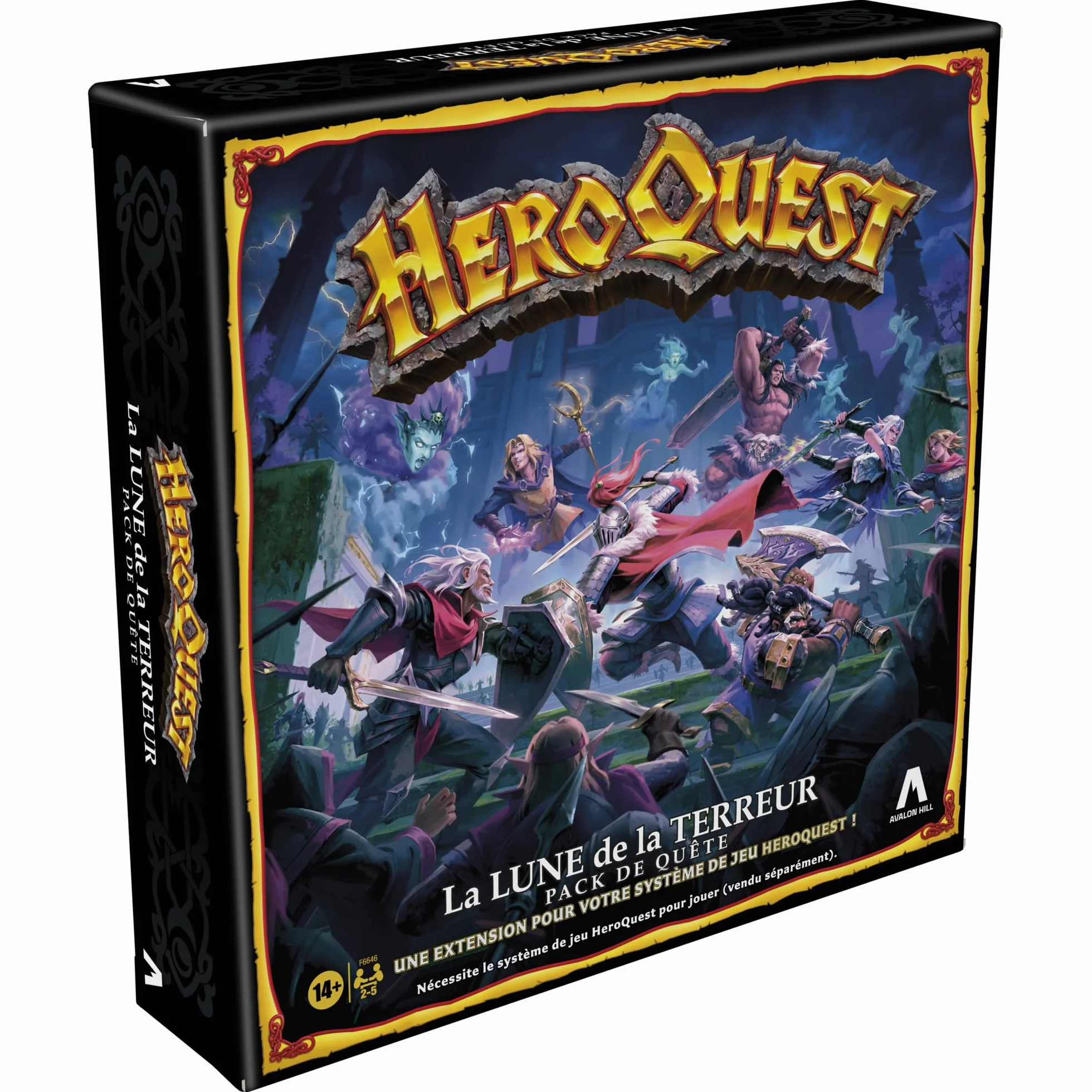 Avalon Hill HeroQuest, Pakiet misji Księżyc Terroru, wymagany system gry HeroQuest, odgrywanie ról dla 2-5 graczy, od 14 lat, zielony, niebieski i biały
