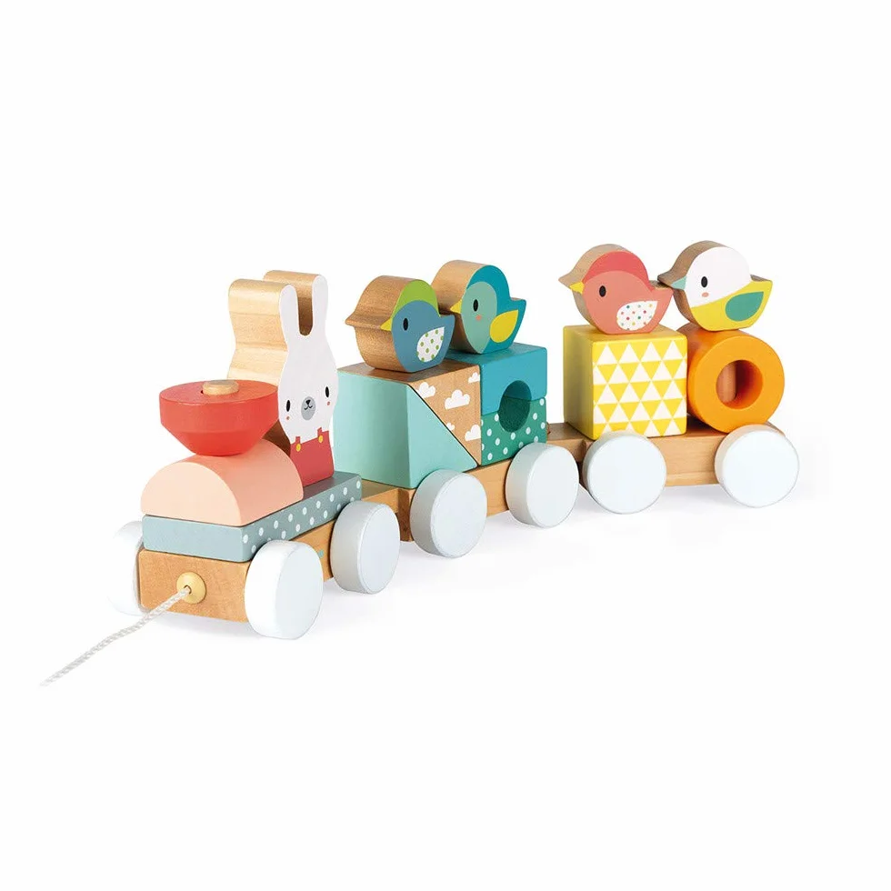 Janod - Pure Wooden Train - 2-in-1 Pull-Along Toy - Motor Skills Training and Manipulation - Water-based Paint - From 1 Year Old, J05157