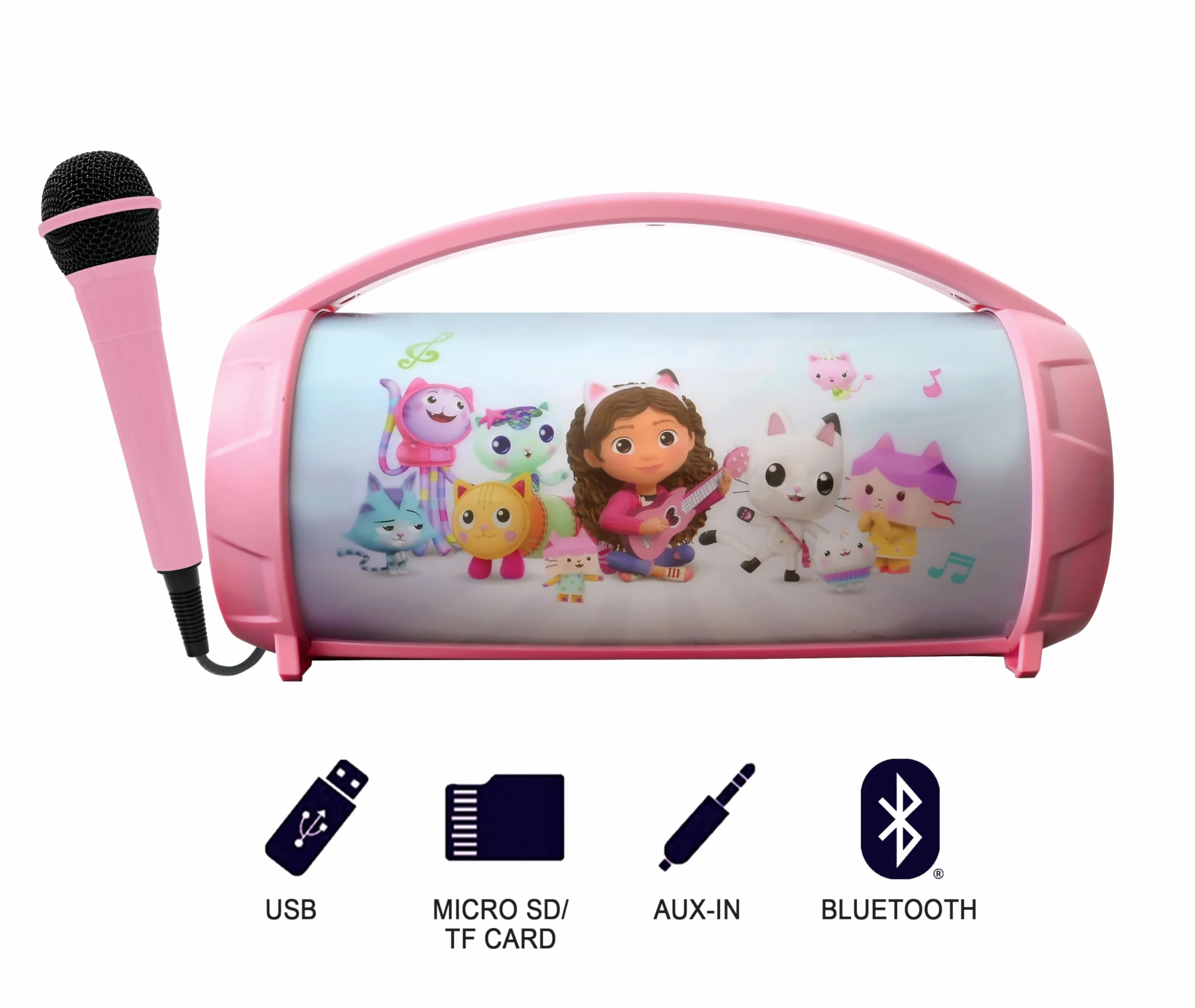 Lexibook, Koci Domek Gabi, Bezprzewodowy Lekki Głośnik z Mikrofonem, Dźwięk Stereo, Funkcja Karaoke, Porty USB i Kart SD, Akumulator, Uchwyt do Przenoszenia, Różowy, BTP585GDHZ