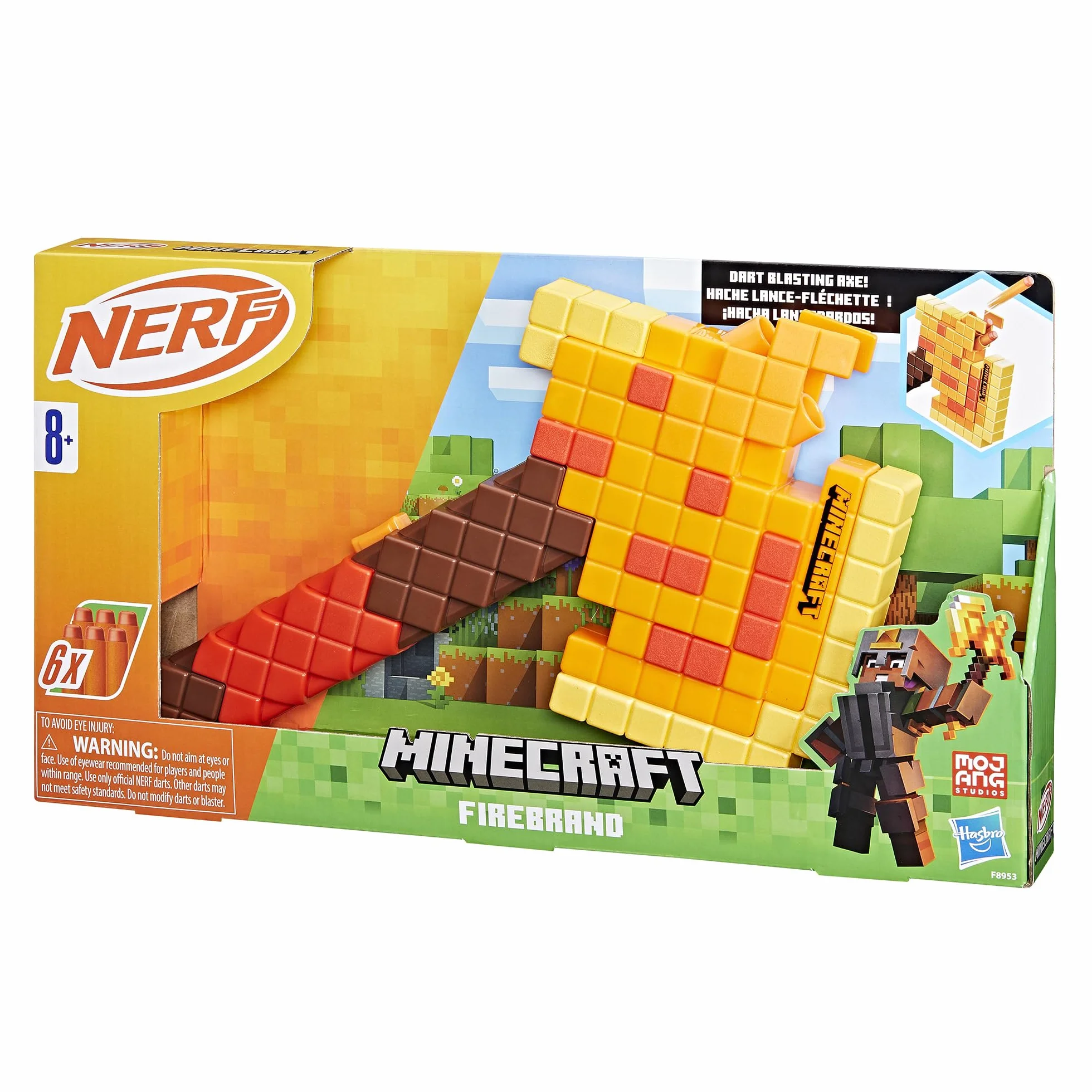 NERF Minecraft Firebrand: Toporek do rzucania, 6 elitarnych rzutków piankowych, projekt inspirowany grą, rozwijane gruntowanie, zabawki