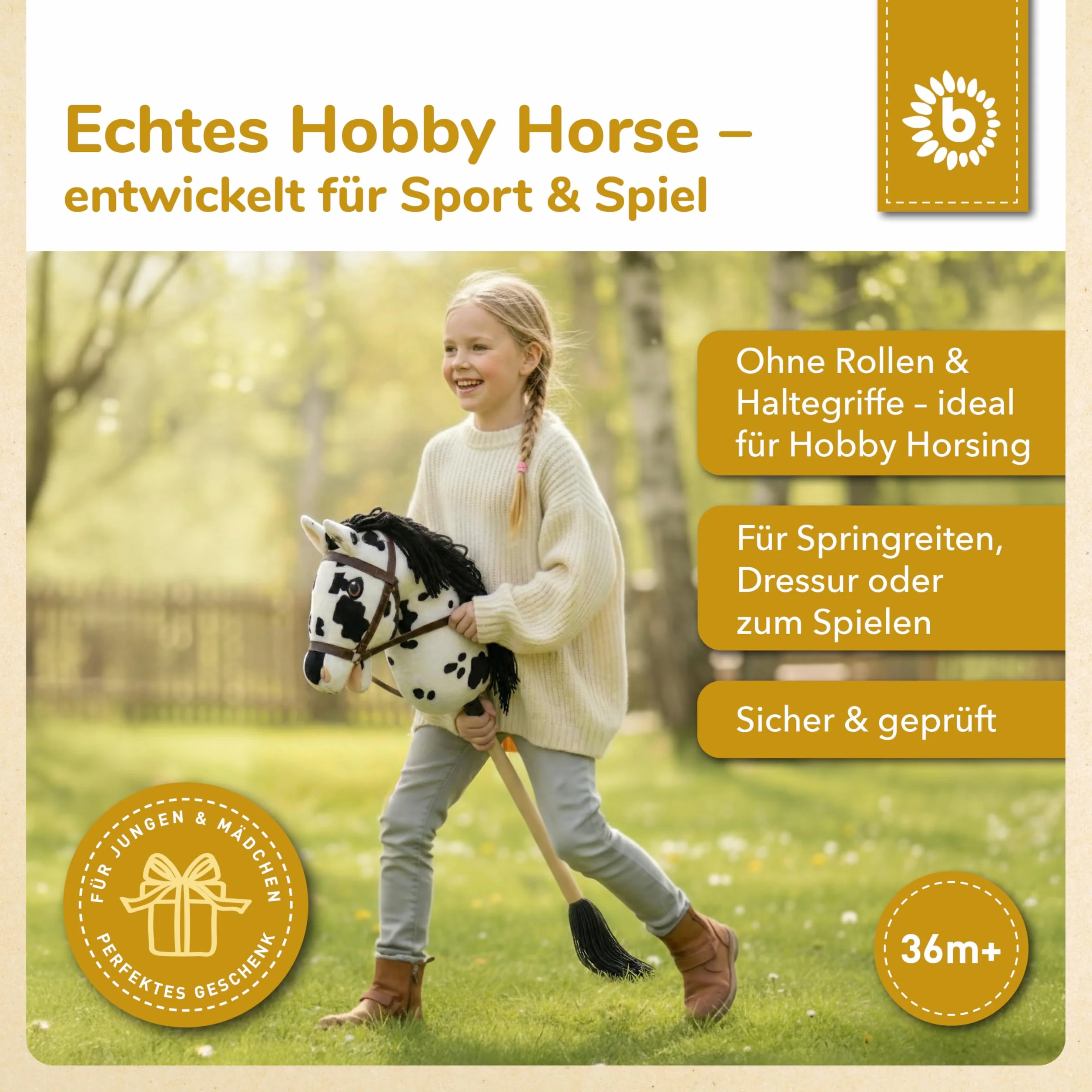 Bieco Hobby Horse konik na kijku, rozmiar M, z wyciągami, zdejmowany kij i ogon, do jazdy konnej, ujeżdżania i gier, hobby