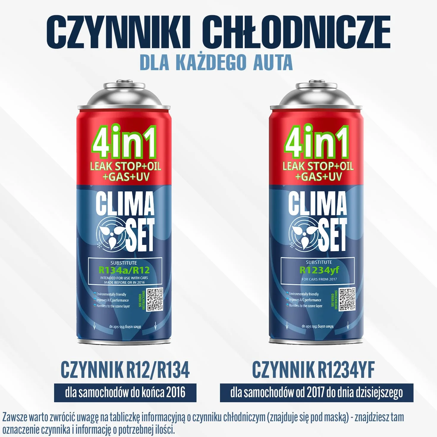 CLIMASET - Zamiennik czynnika chłodniczego R134a 4in1, Do samochodów 1994-2016 - System klimatyzacji, Samodzielna aplikacja - Uszczelniacz, Barwnik UV, Olej - Z przewodem, odświeżaczem i lampą UV