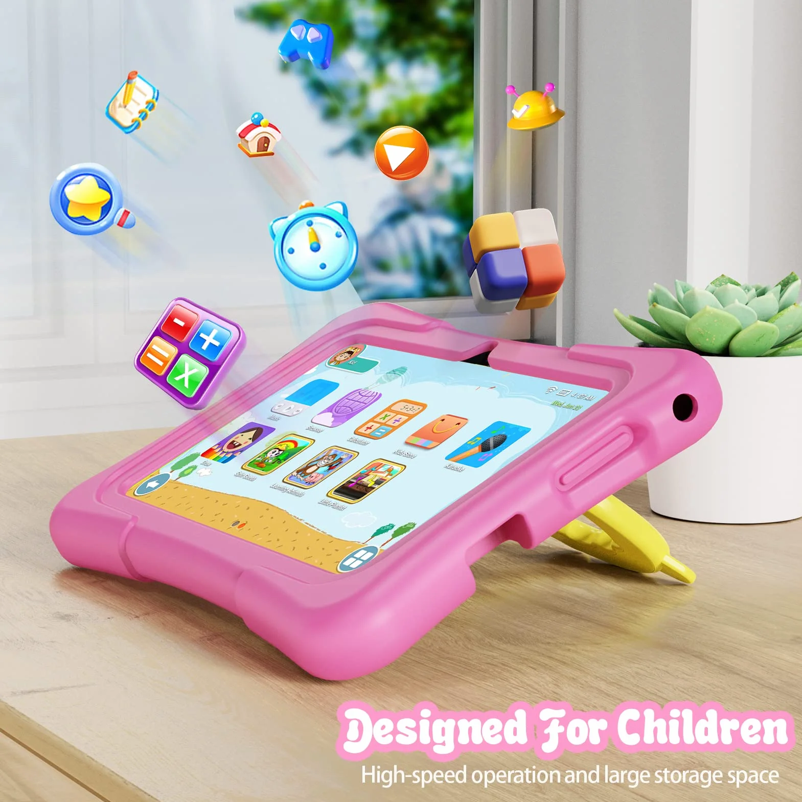 Pritom 7-calowy tablet dla dzieci, z systemem Android 11, Quad Core, 2 GB RAM, 32 GB ROM, BT, Wi-Fi, podwójny aparat, edukacja, gry, zabezpieczenie przed dziećmi, fabrycznie zainstalowane oprogramowanie dla dzieci w etui na tablet, typ C, różowy