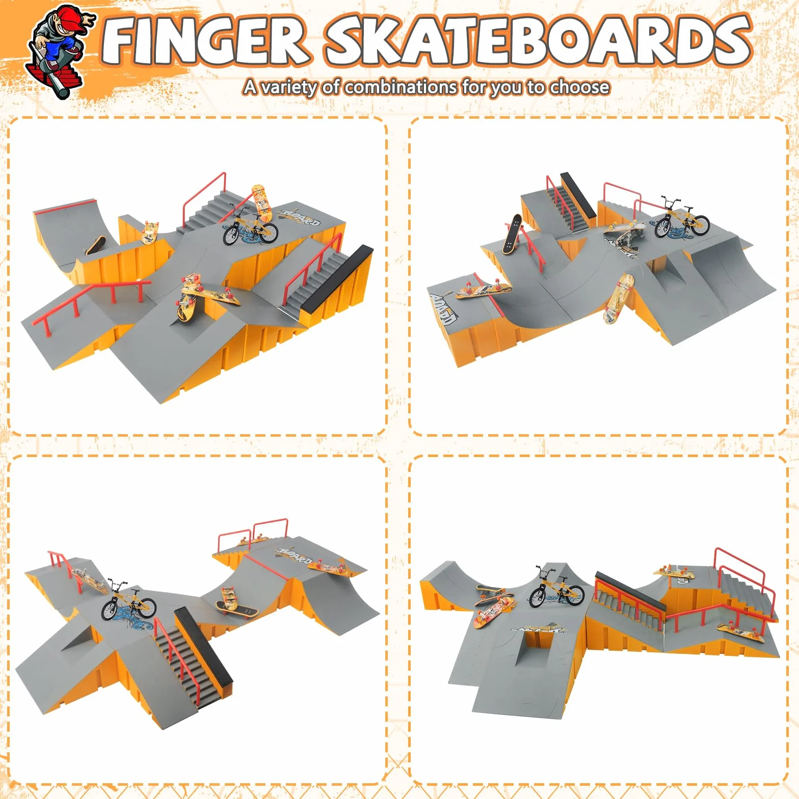 Tlater Mini Finger Deskorolka Zestaw Park Kits, 14 w 1, deskorolka z 14 rampami, 8 podkładkami na palec, 1 rower na palec, zabawka edukacyjna DIY, prezent dla dzieci