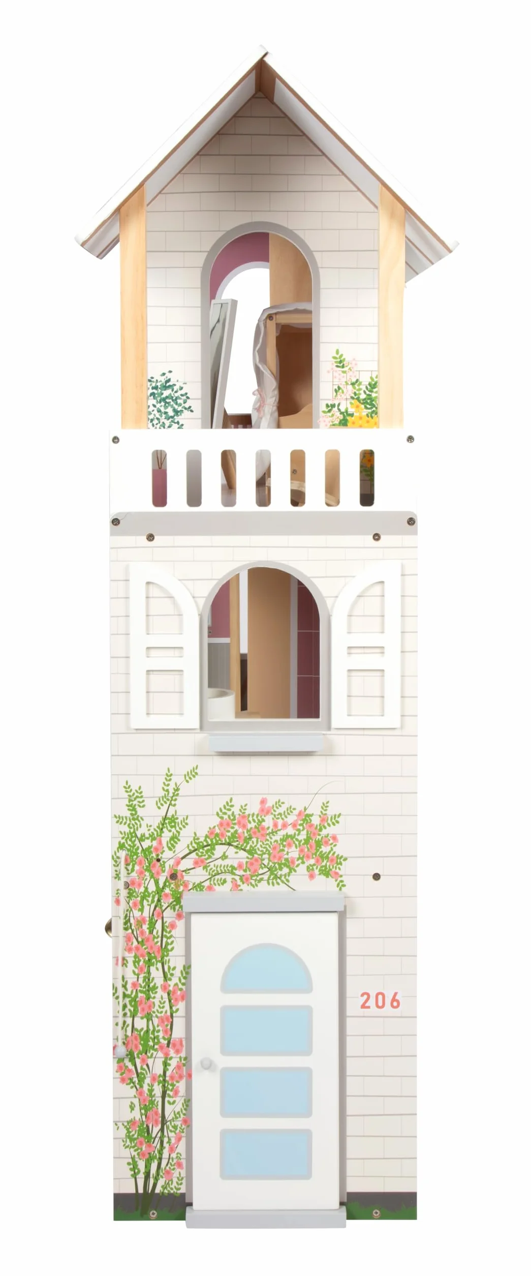 Mały domek dla lalek Villa XL, 3-piętrowy domek dla lalek z windą, dla lalek do 30 cm, skala 1:6, imitacja drewna, 12730
