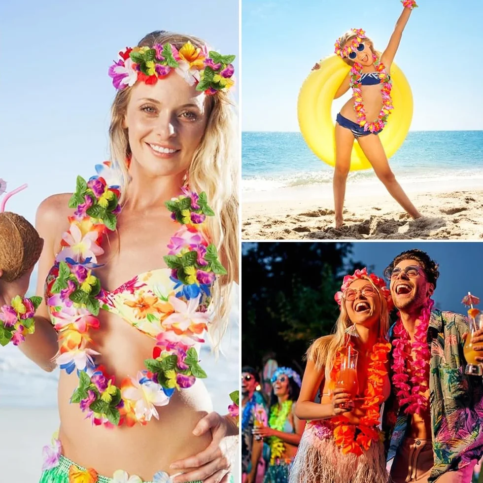 Hawajskie łańcuchy z kwiatami, 32 sztuki, dekoracja na imprezę, hawajskie okazje, na tropikalną imprezę hawajską, plażę, imprezę, hawajski bar, urlop na plaży