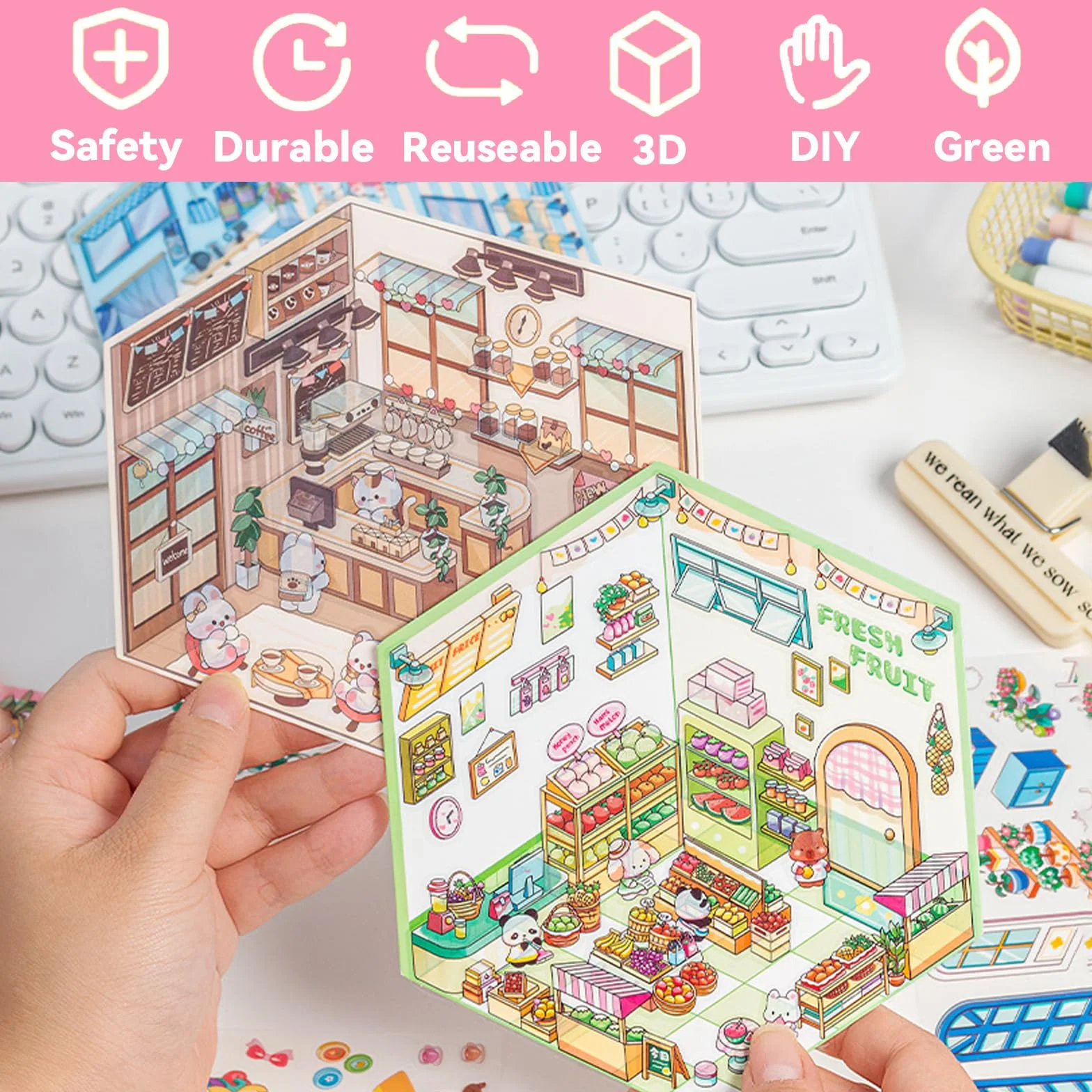 10 sztuk naklejek 3D House Scene, miniaturowe naklejki 3D, zestaw "zrób to sam", urocze miniaturowe naklejki na dom z 1 pęsetą, łagodzą stres dla dorosłych i dzieci