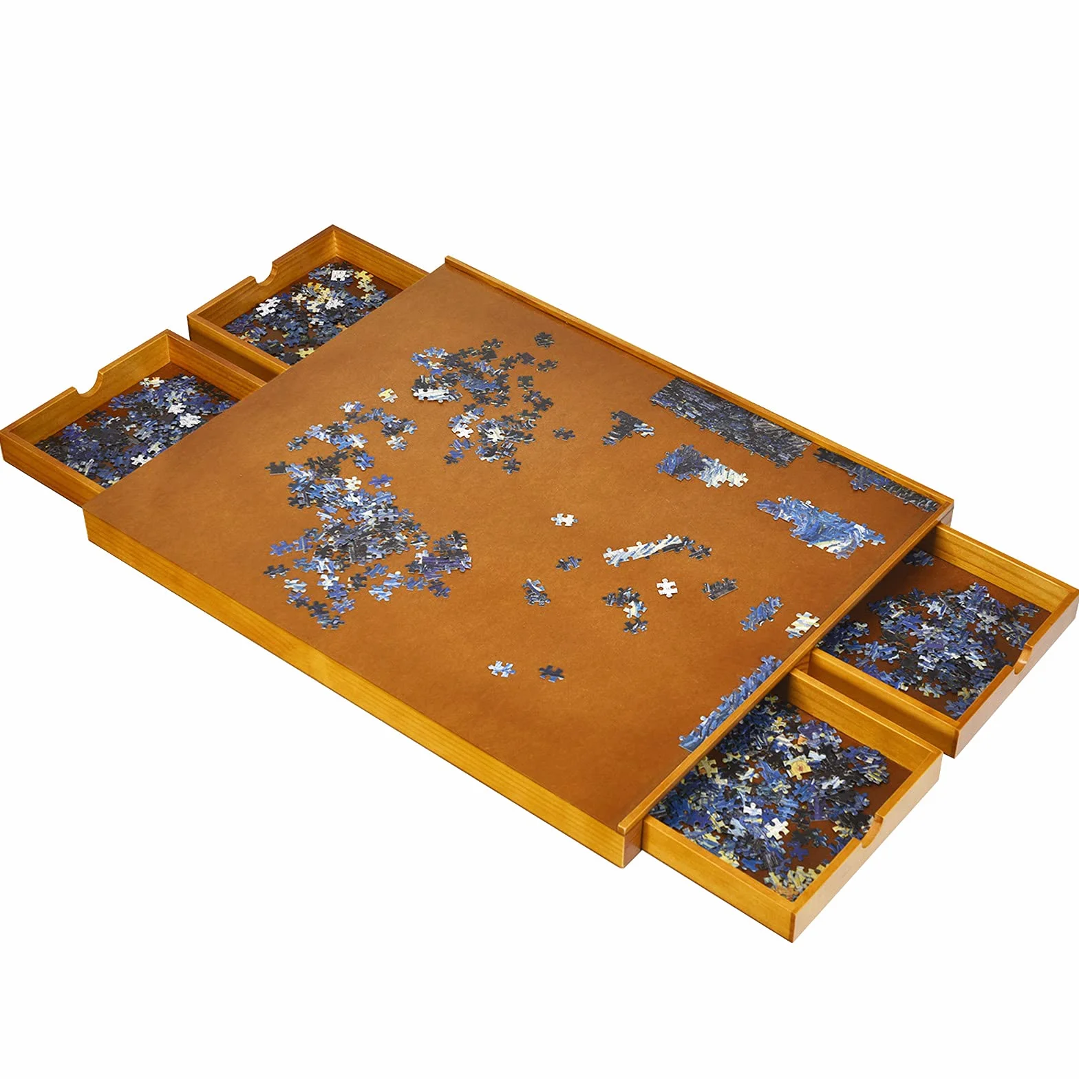 GOPLUS Drewniany stół do puzzli, stół z 4 szufladami, system przechowywania puzzli na 1000-1500 sztuk, podkładka do puzzli z równą powierzchnią roboczą, mata do puzzli, 80 x 65 cm
