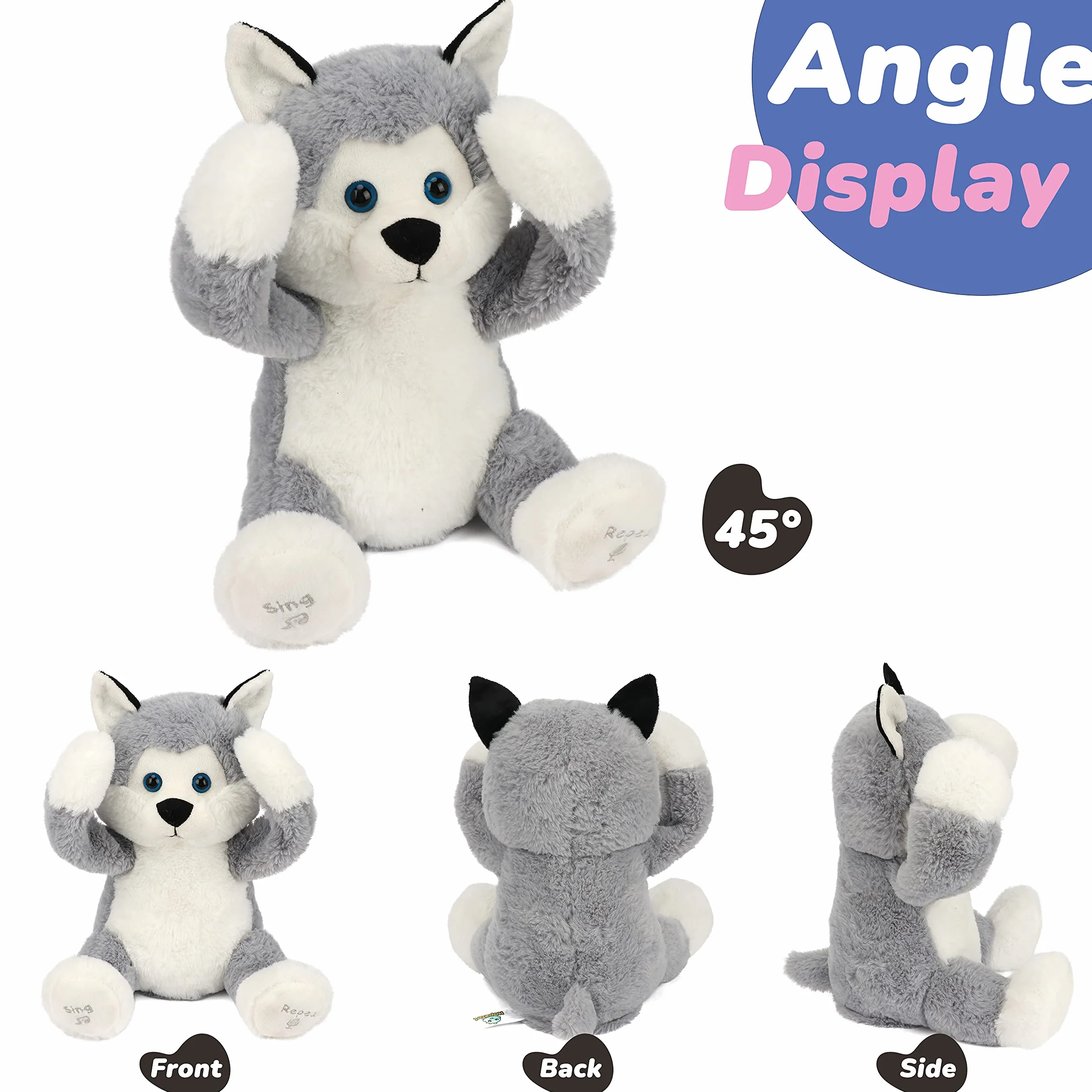 Hopearl Peek A Boo Husky Interaktywna Zabawka Dla Psów, Która Powtarza To, Co Mówisz Pluszowa Zabawka Dla Psów Muzyczna Śpiewająca Gadająca Urocza Elektryczna Animowana Zabawka Urodzinowa, Szara, 29cm