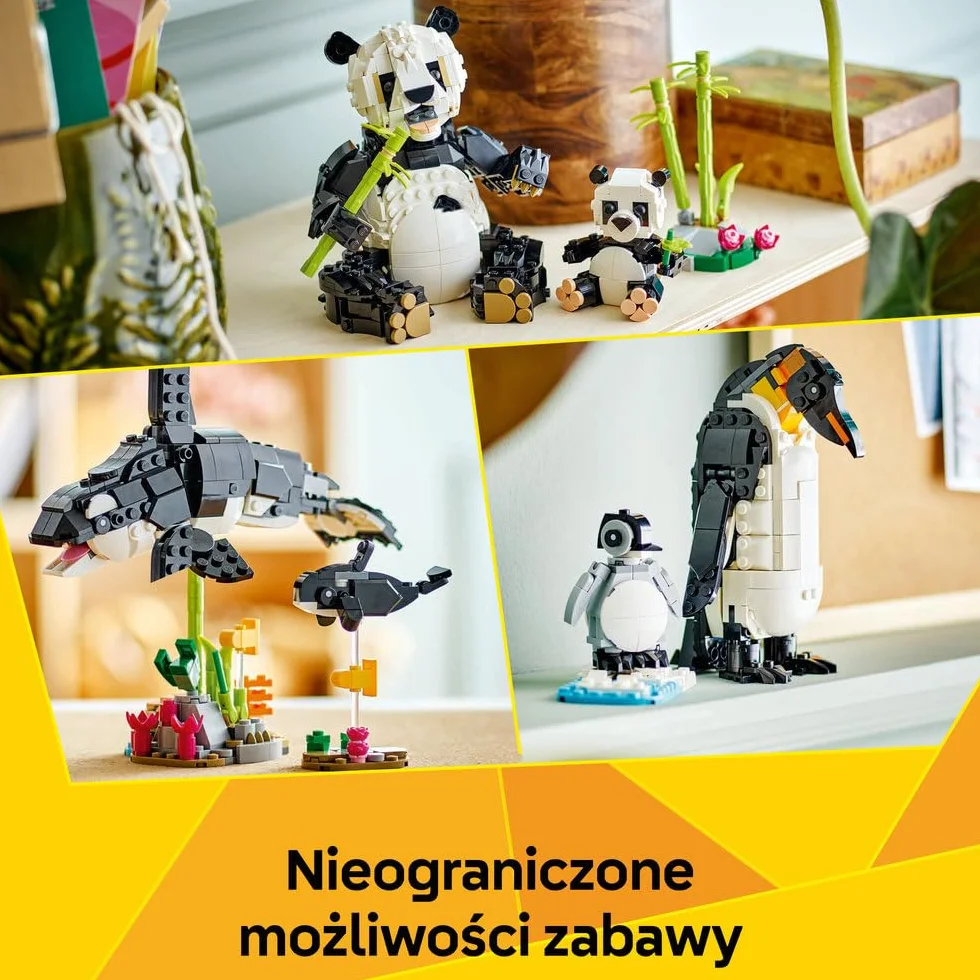 LEGO Creator 3 w 1 Dzikie zwierzęta: rodzina pand, pomysł na prezent dla dziewczynki i chłopca od 8 lat, zabawka konstrukcyjna dla dziecka do przebudowania na figurki zwierząt: orkę lub pingwina 31165