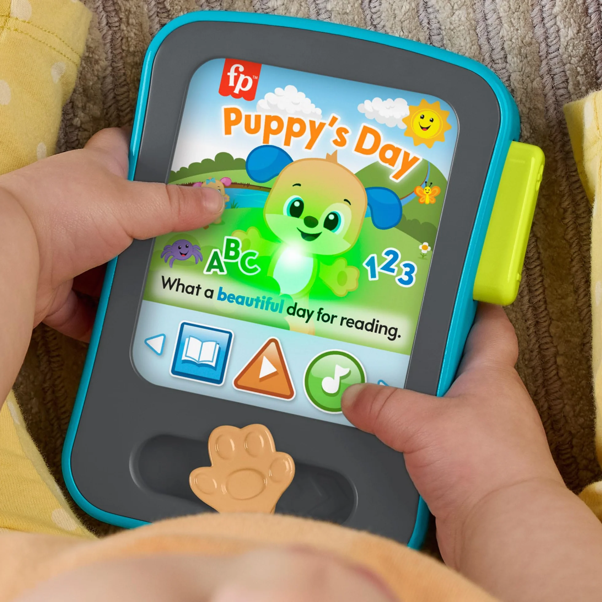 Fisher-Price Zabawka edukacyjna dla niemowląt, śmiech i ucz się, czytnik historii szczeniaka, tablet z muzyką i światłami, dla dzieci w wieku od 6 miesięcy, wersja wielojęzyczna: angielski, francuski
