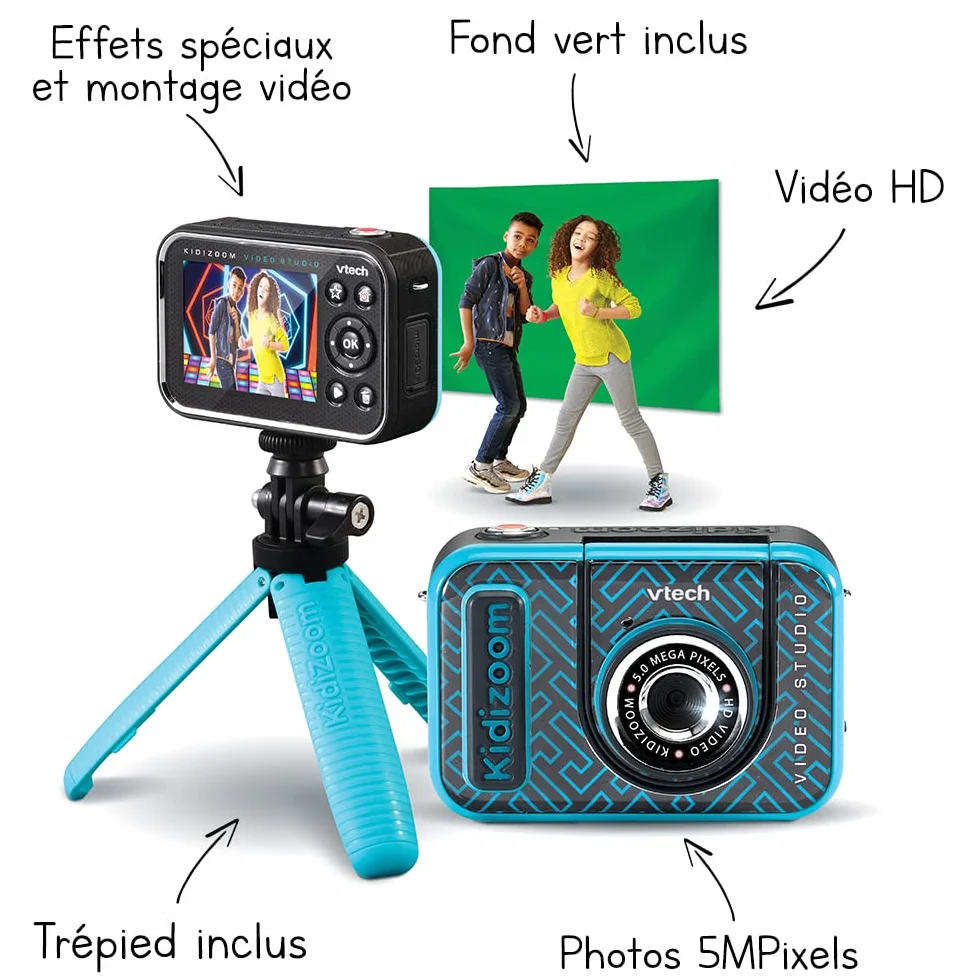 VTech - KidiZoom Video Studio HD, aparat cyfrowy dla dzieci, fotografia, selfie, wideo HD, kolorowy ekran ze statywem i zielonym tłem, prezent dla dzieci w wieku od 5 lat do 12 lat - Zawartość w