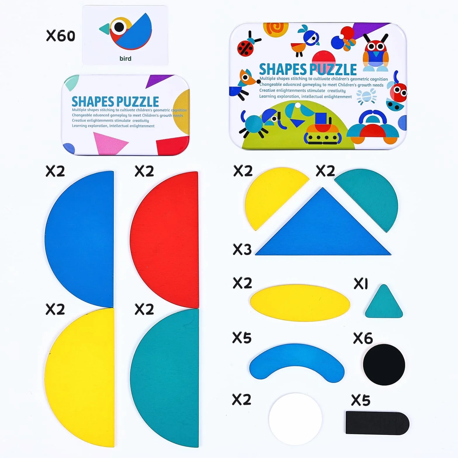 BBLIKE Tangram Wood, 36 drewnianych puzzli Montessori + 60 sztuk układania kart do układania w stosy gry i zabawki edukacyjne klasyfikacja dla dzieci