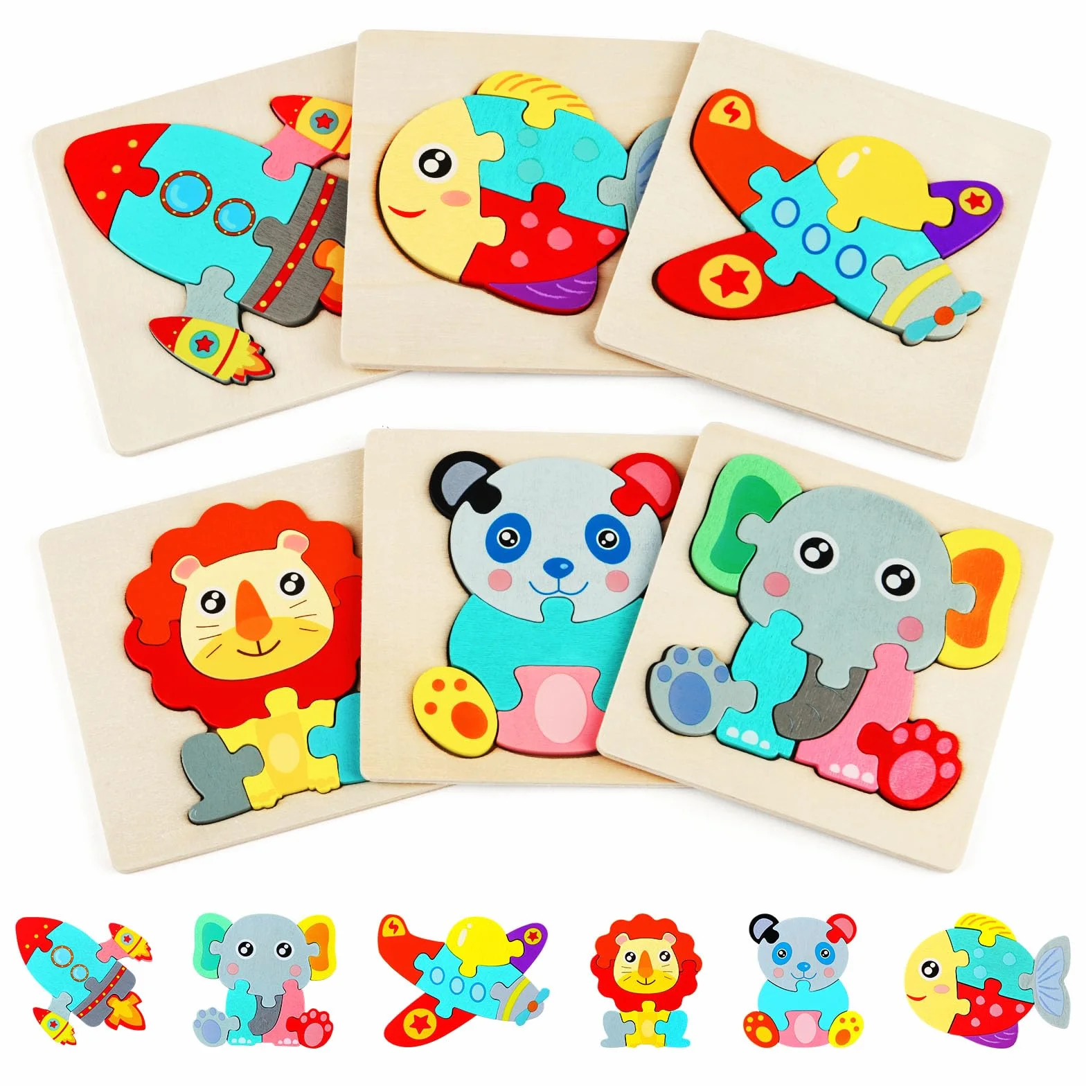 HOTUT Drewniane puzzle, 6 sztuk 3D puzzle ze zwierzętami, zabawki dla niemowląt, zestaw puzzli z numerami kształtu, drewniane puzzle dla malucha, prezent, zabawka edukacyjna, dla dzieci w wieku 1-3