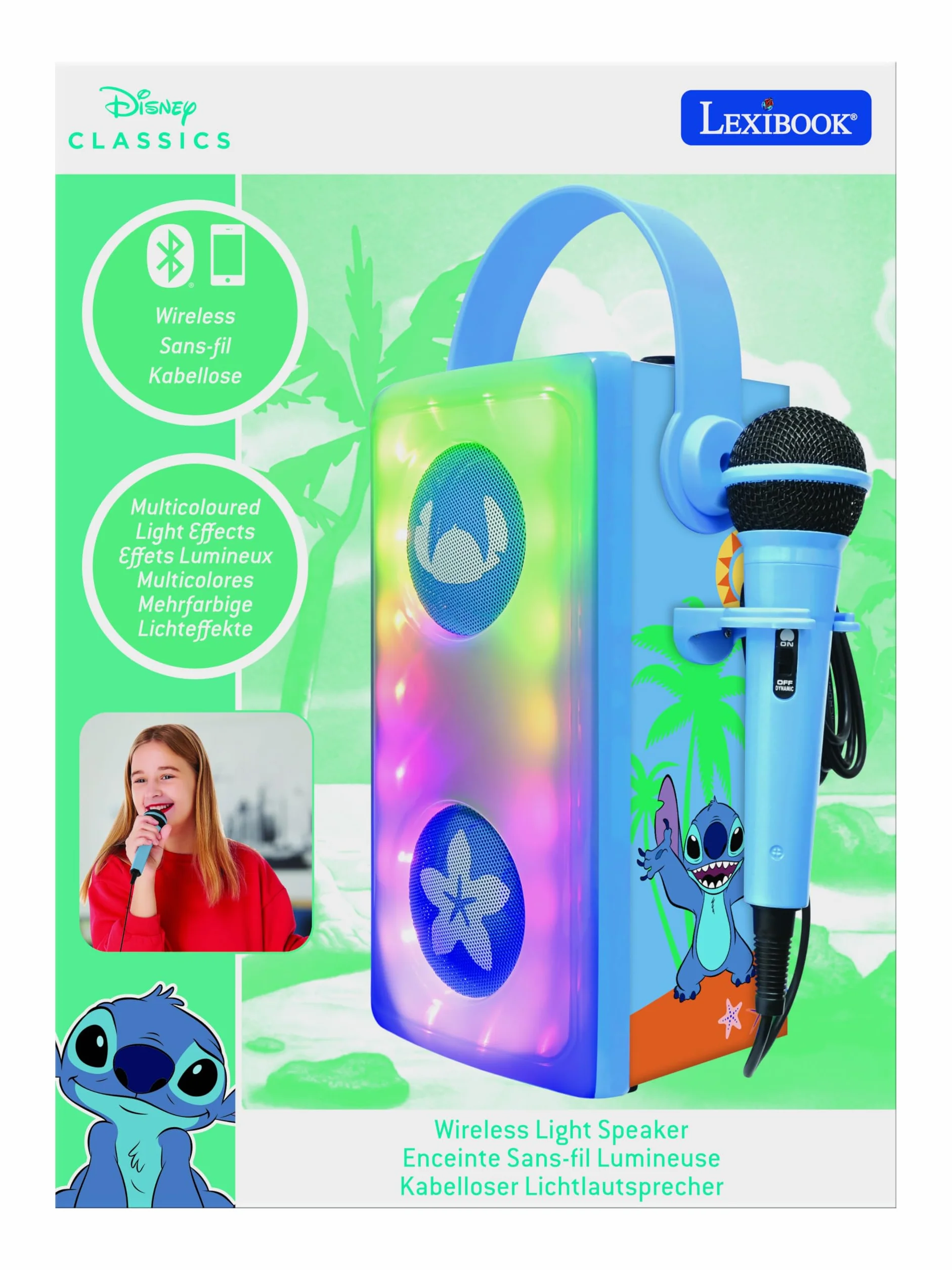 Lexibook, Disney Stitch, Bezprzewodowy Głośnik Bluetooth z Mikrofonem, Wielokolorowe Efekty Świetlne, Gniazdo na Kartę SD, Tf, Akumulator, Niebieski, BTP185DZ