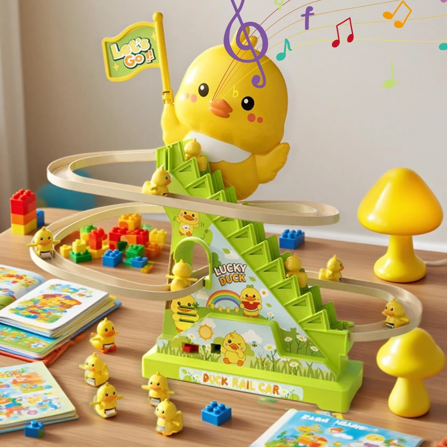 Duck Climbing Stairs Toy - Musical Rolling Game for Kids Entertainment | ABS Track Set with Moving Stair Conveyor, Light Up Duck Figures, Interactive Activity Toy for Playroom Fun