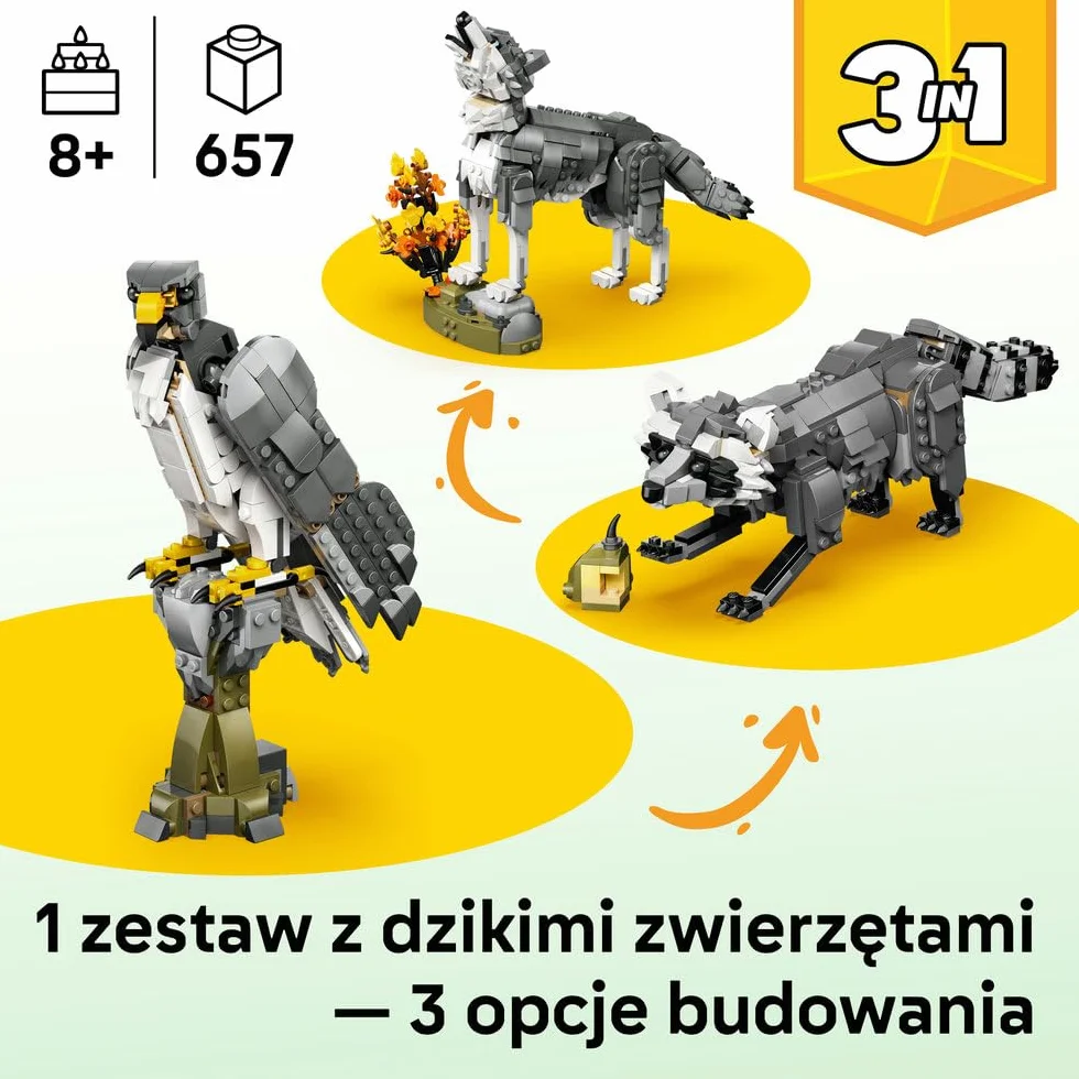 LEGO Creator 3 w 1 Leśne zwierzęta: Wilk szary, zabawka konstrukcyjna dla dzieci, 3 opcje figurek zwierząt: wilk, sokół lub szop, pomysł na prezent dla chłopca i dziewczynki od 8 lat 31393