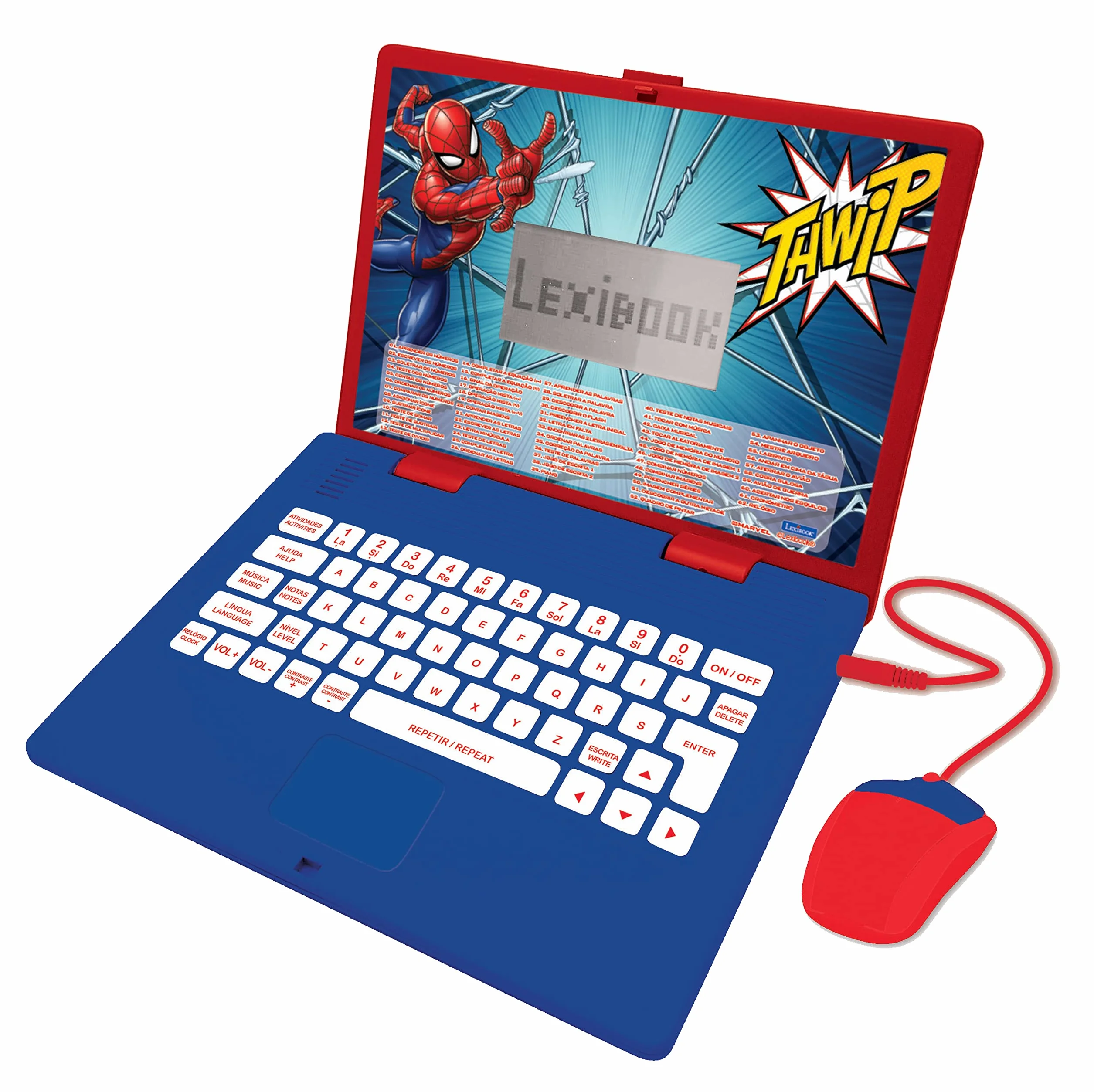 Lexibook, Spider-Man, Portugalski, Angielski Laptop Edukacyjny i Dwujęzyczny, Zabawka z 124 Zajęciami do Nauki, Zabawy i Muzyki, Niebieski, Czerwony, JC598SPi4