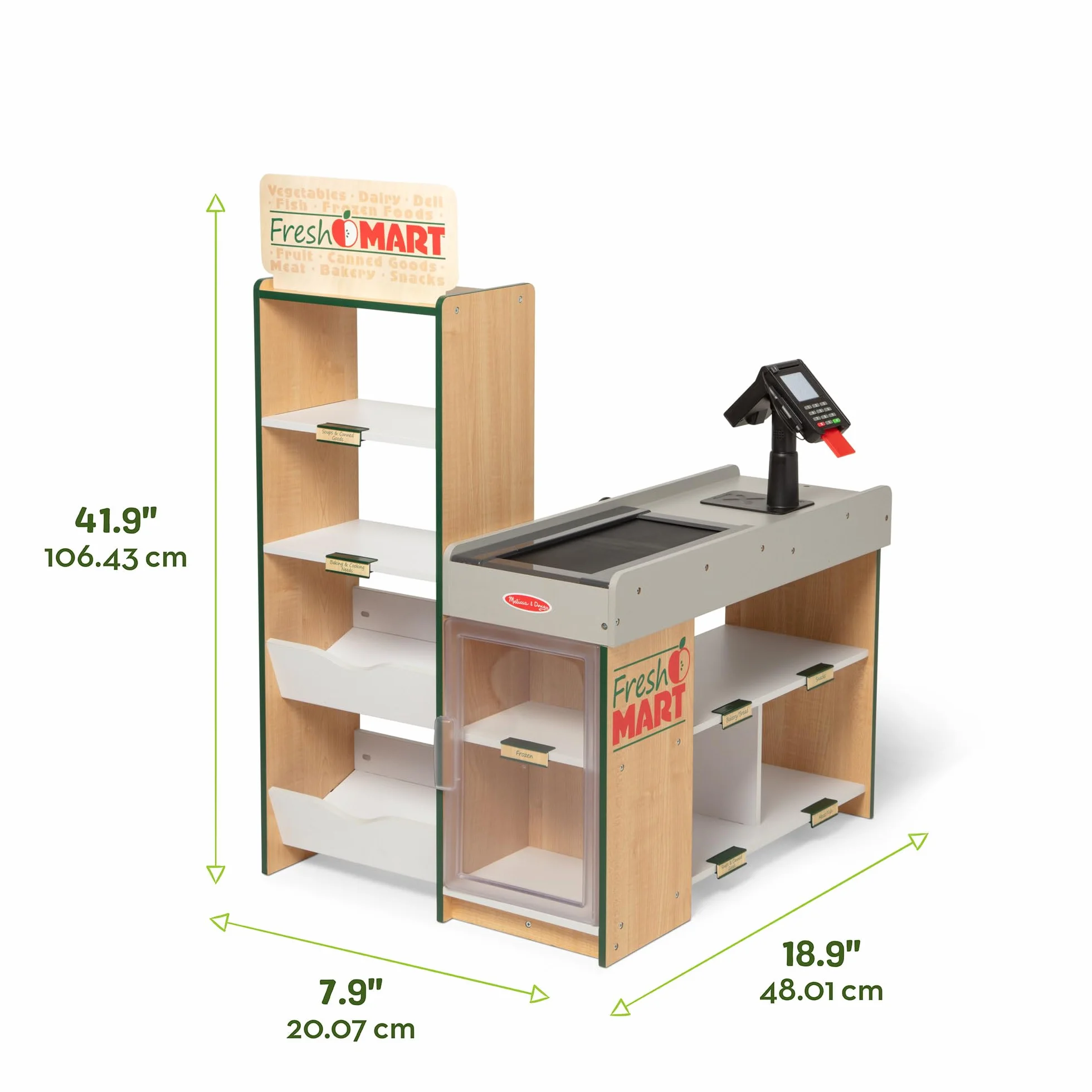 Melissa & Doug Drewniany sklep spożywczy Fresh Mart | Kasa dla dzieci | Zabawa w supermarket dla dzieci| Bardzo duży drewniany zestaw do zabawy z akcesoriami | Prezent dla chłopców I dziewczynek